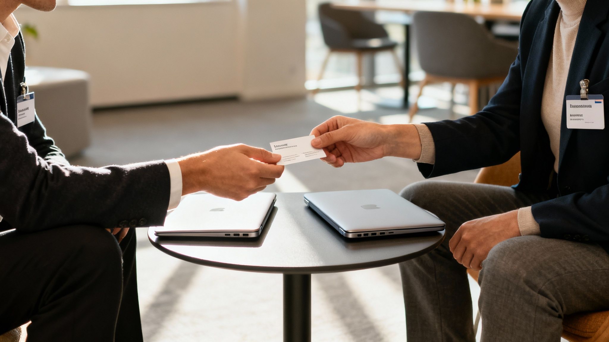 Two professionals exchange business cards across a table, with laptops nearby, in a bright office setting.