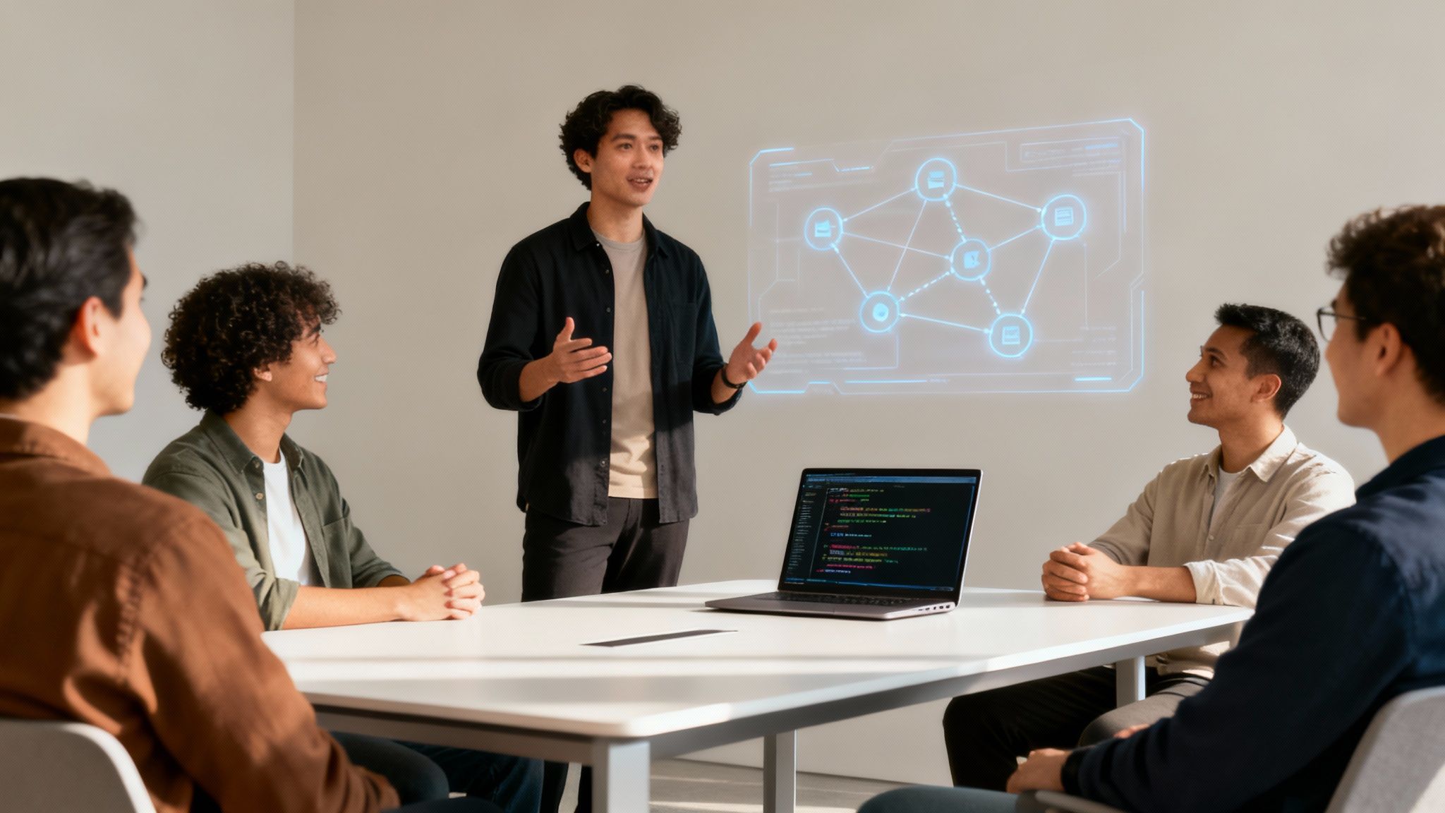 A young man presents a technical concept using a holographic network diagram to a group of attentive developers.