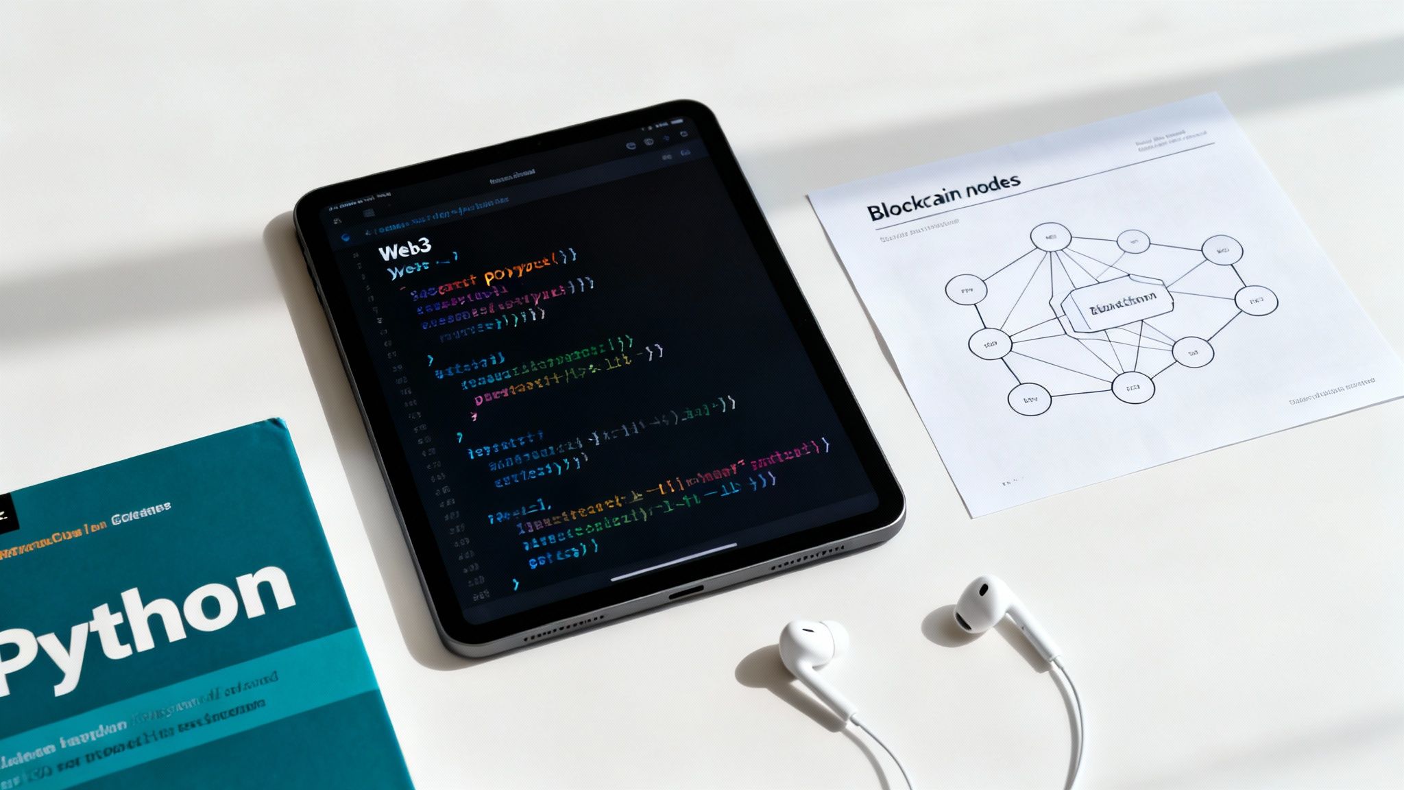 A developer looking at a screen with glowing blockchain-style graphics.