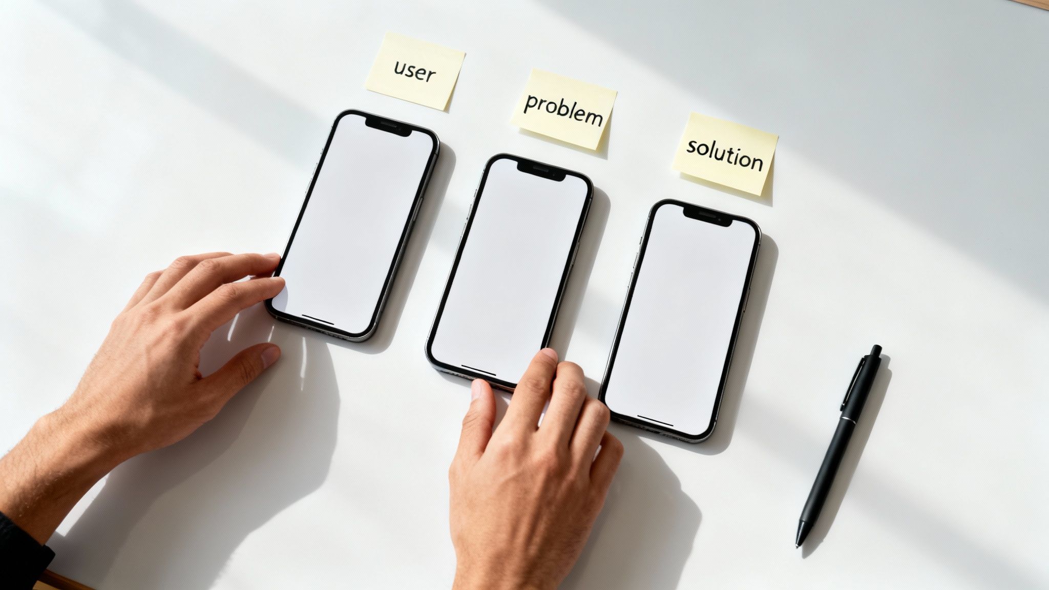 Hands interacting with three smartphones, sticky notes for user, problem, and solution on a white table.