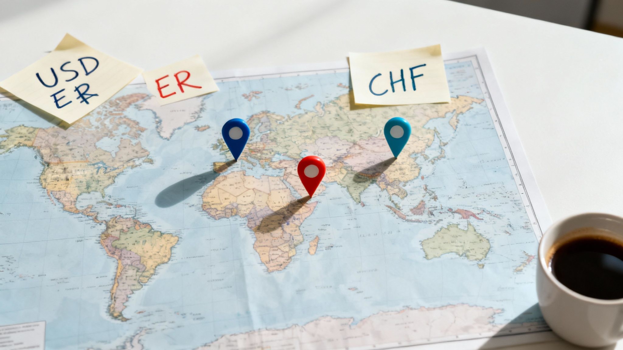A world map with colored pushpins, sticky notes showing currency codes, and a coffee cup.