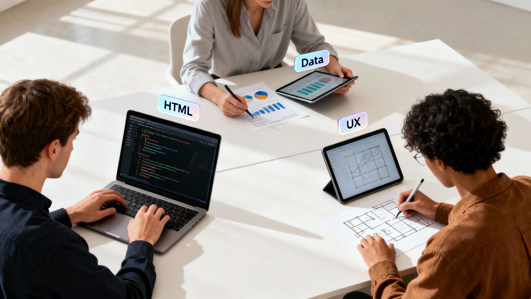 Three developers collaborate, one coding HTML, another analyzing data, and a third sketching UX designs.