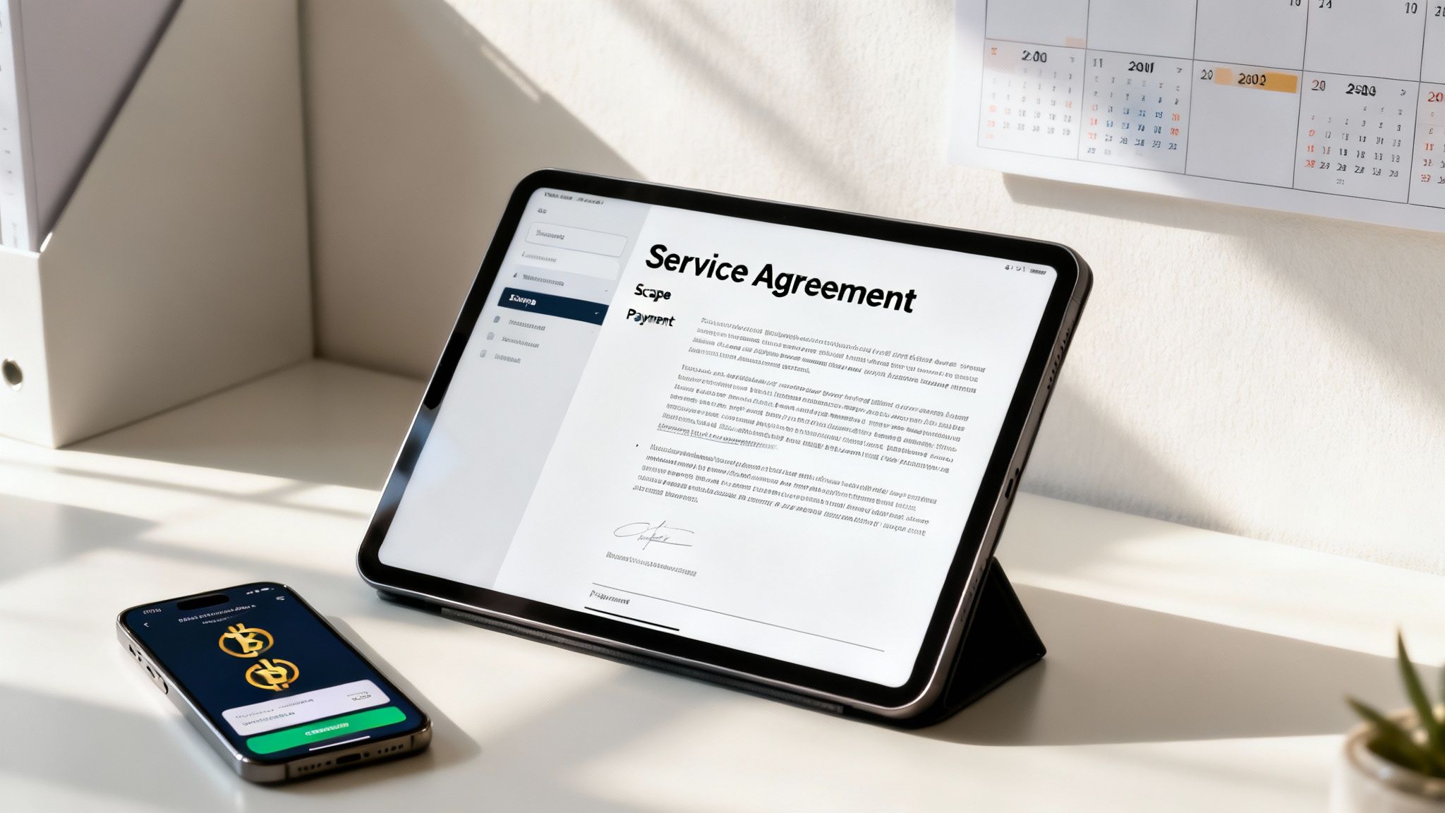 A tablet displays a 'Service Agreement' document next to a smartphone with a crypto app on a desk.