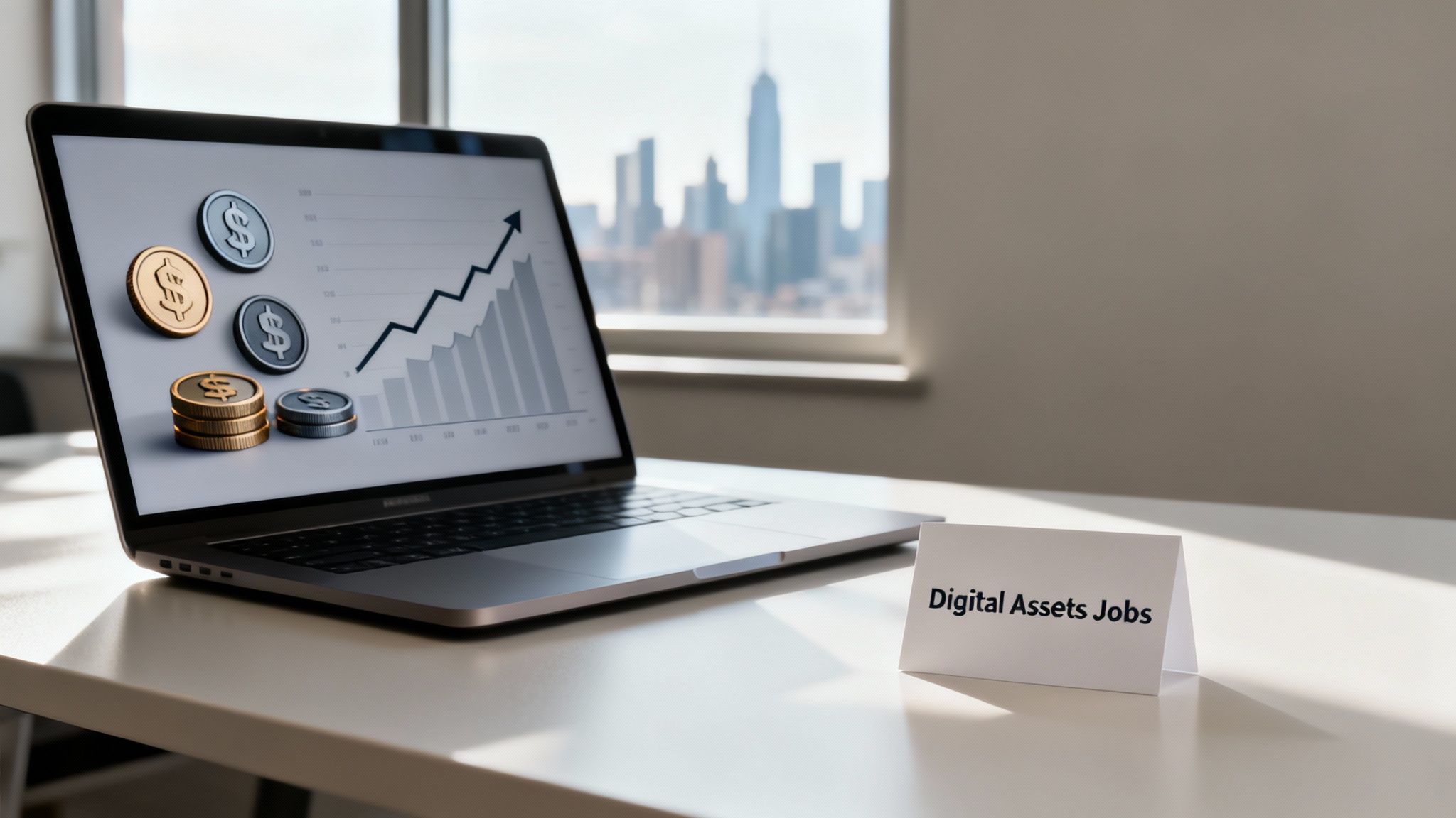 Laptop displaying financial growth chart, dollar coins, city skyline, and 'Digital Assets Jobs' sign.