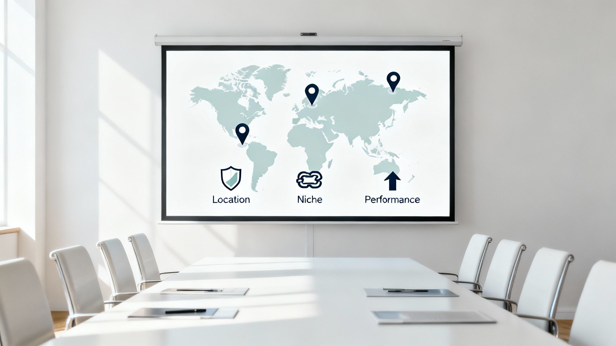 A conference room with a world map infographic on a screen, showing location, niche, and performance icons.