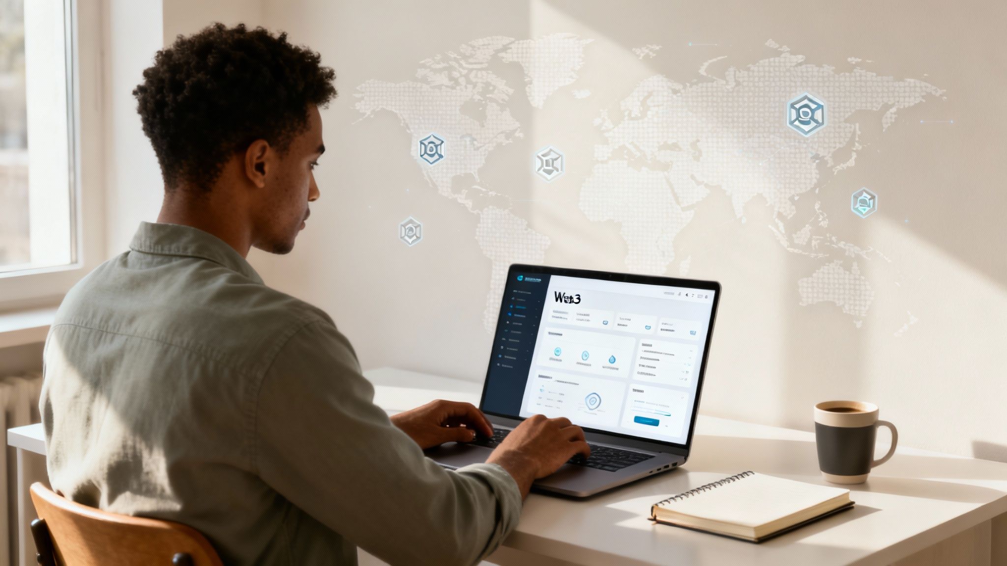 A person working on a laptop at a modern desk with a crypto-themed screen.