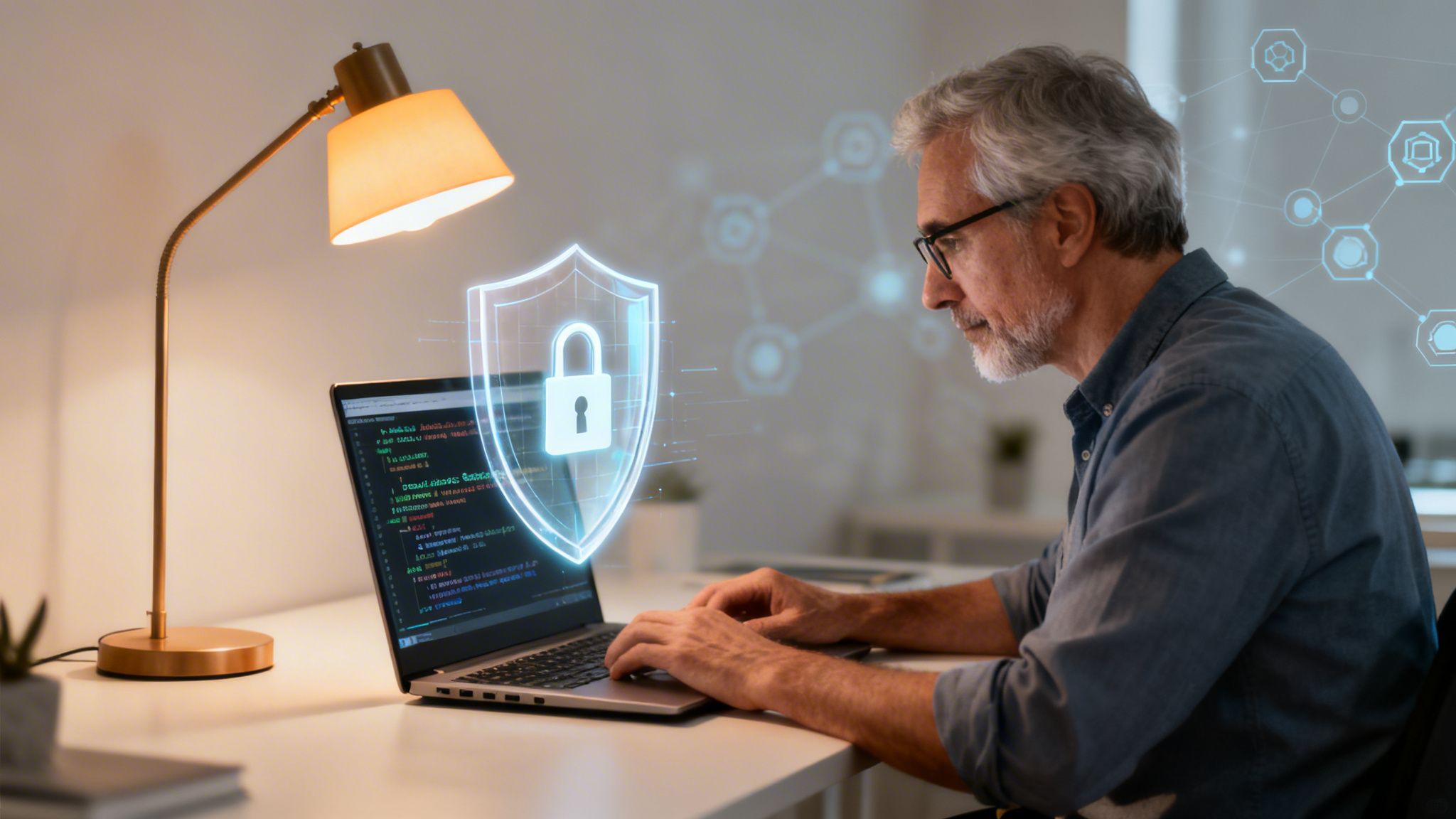 A man coding on a laptop with a cybersecurity shield, representing secure remote work.