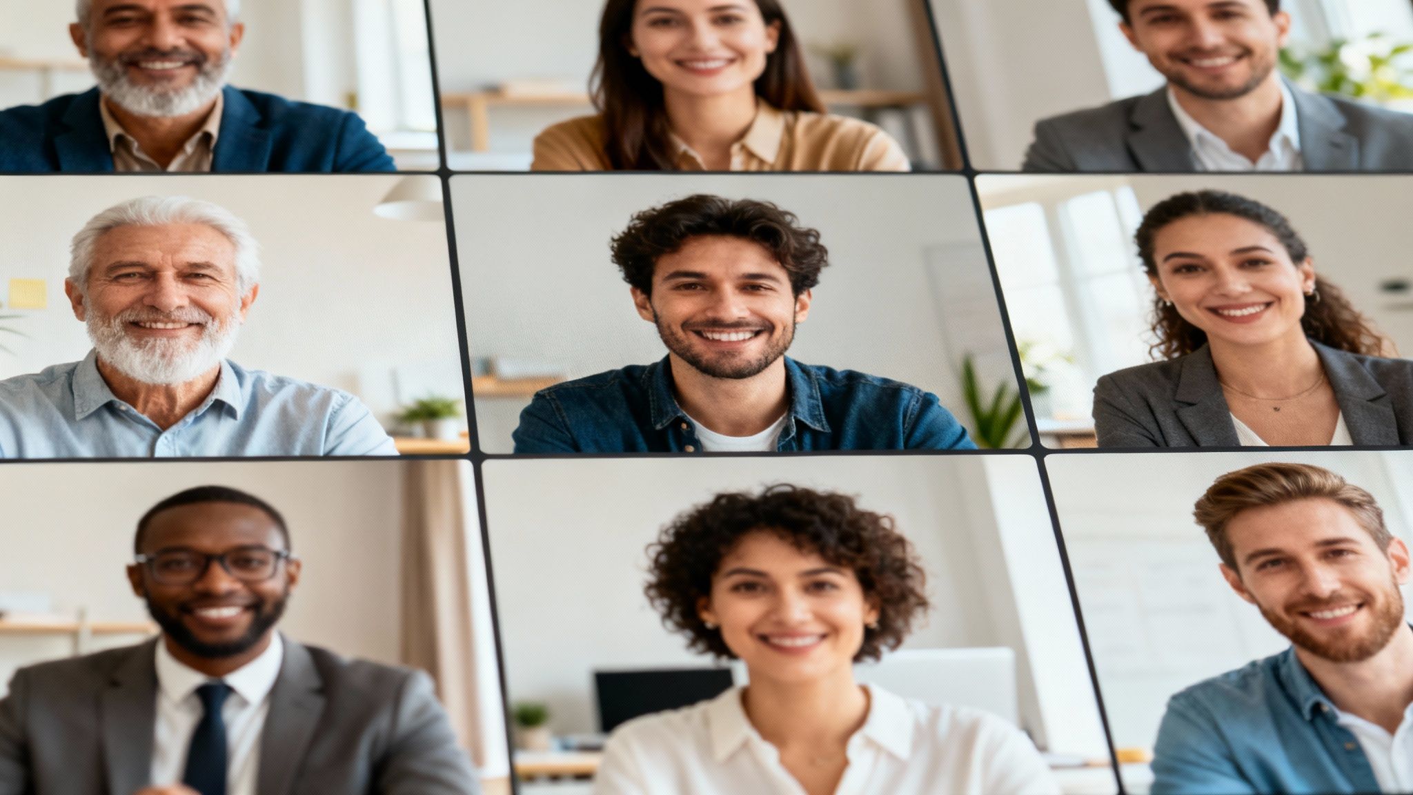 Nine diverse professionals smiling in a grid during a virtual video conference call.