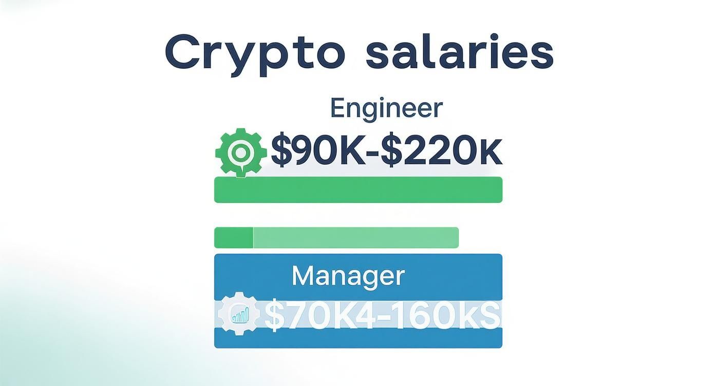 Crypto salaries infographic showing engineer salary range 90K to 220K and manager salary range 70K to 160K