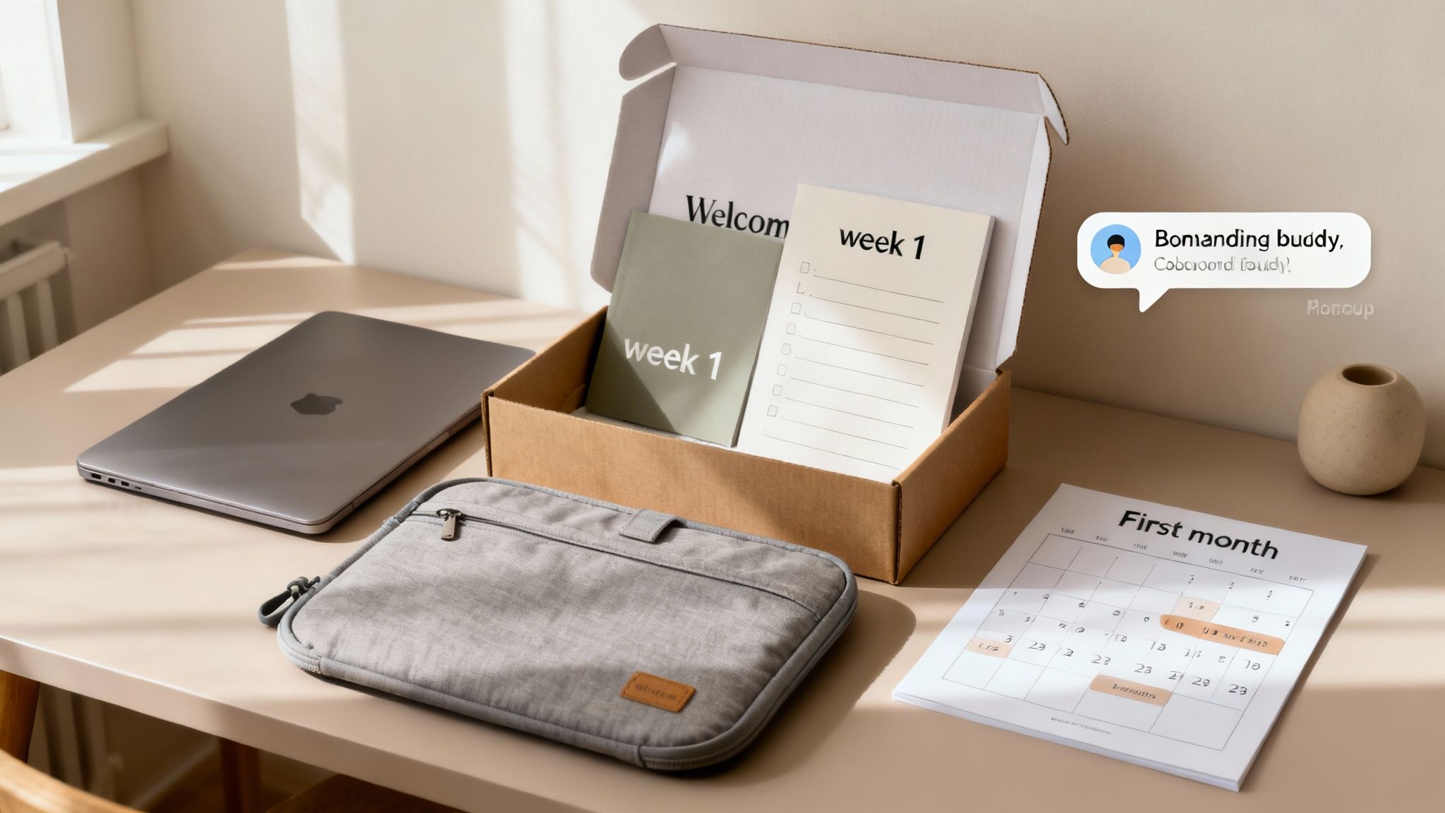 Remote employee onboarding welcome kit with laptop, planner, and week one materials on desk
