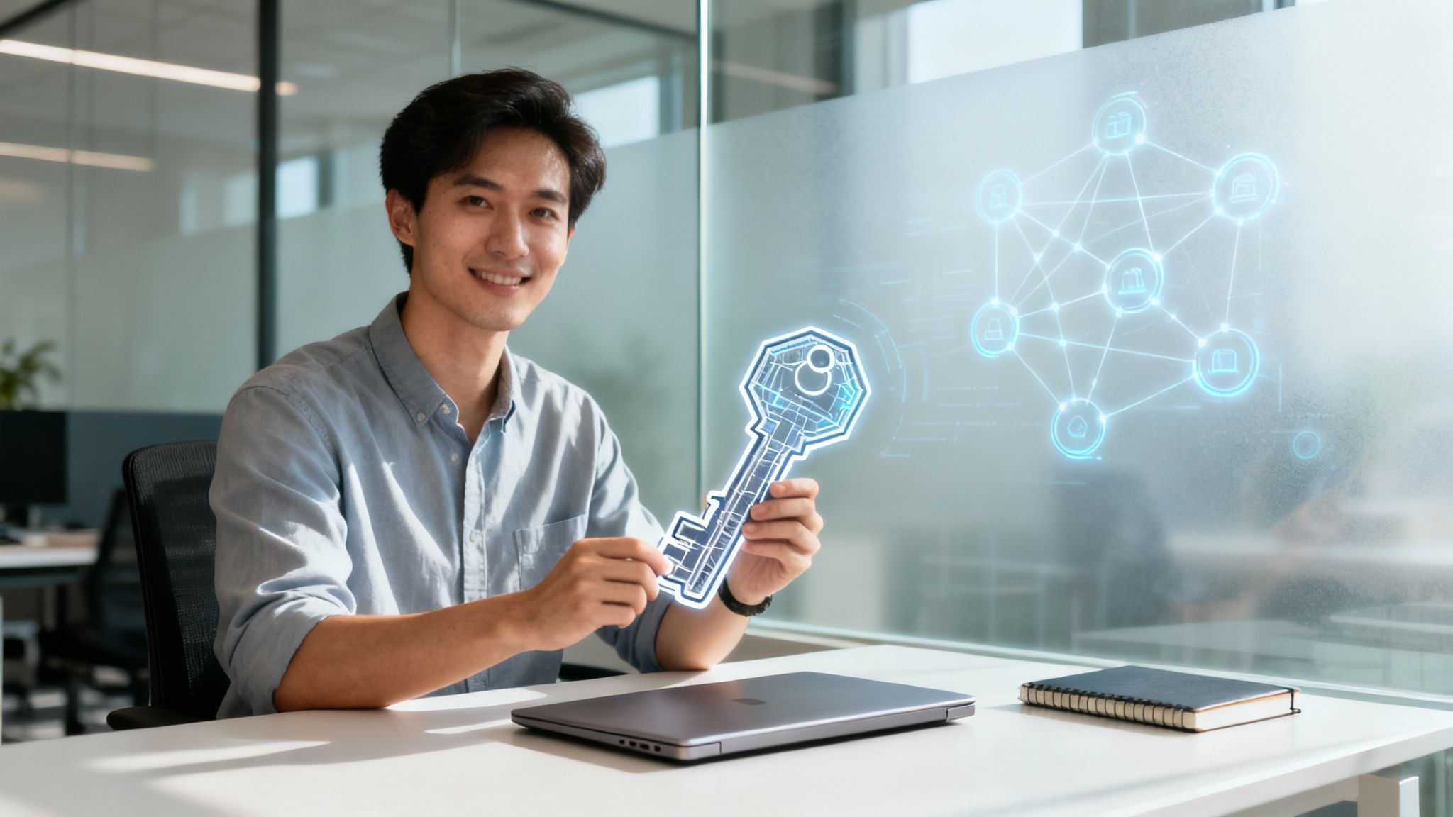 Smiling Asian man holds a glowing blue digital key, with a blockchain network in the background.