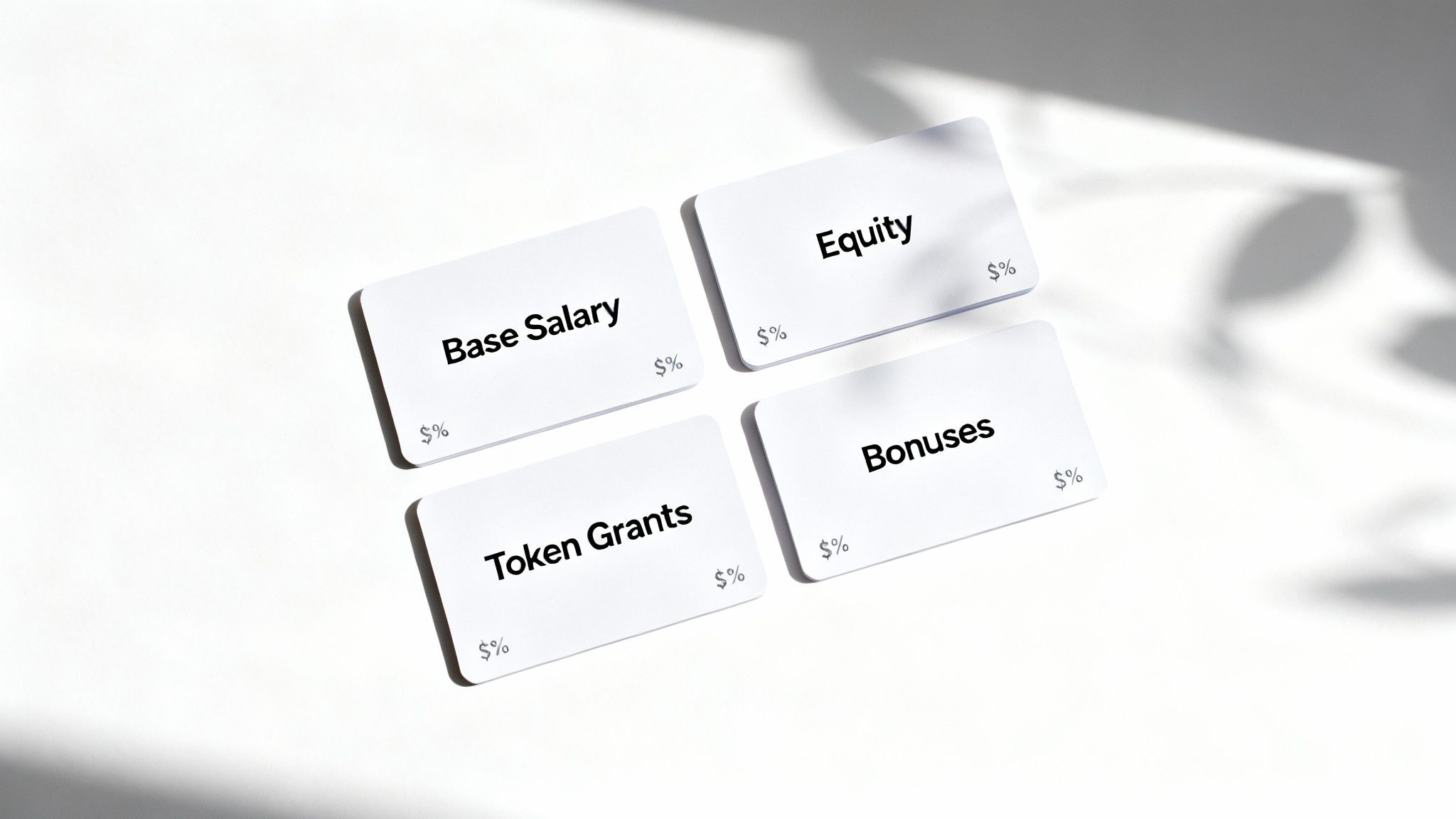 A diagram showing the different components of a total compensation package, including base salary, bonuses, and equity, and tokens.