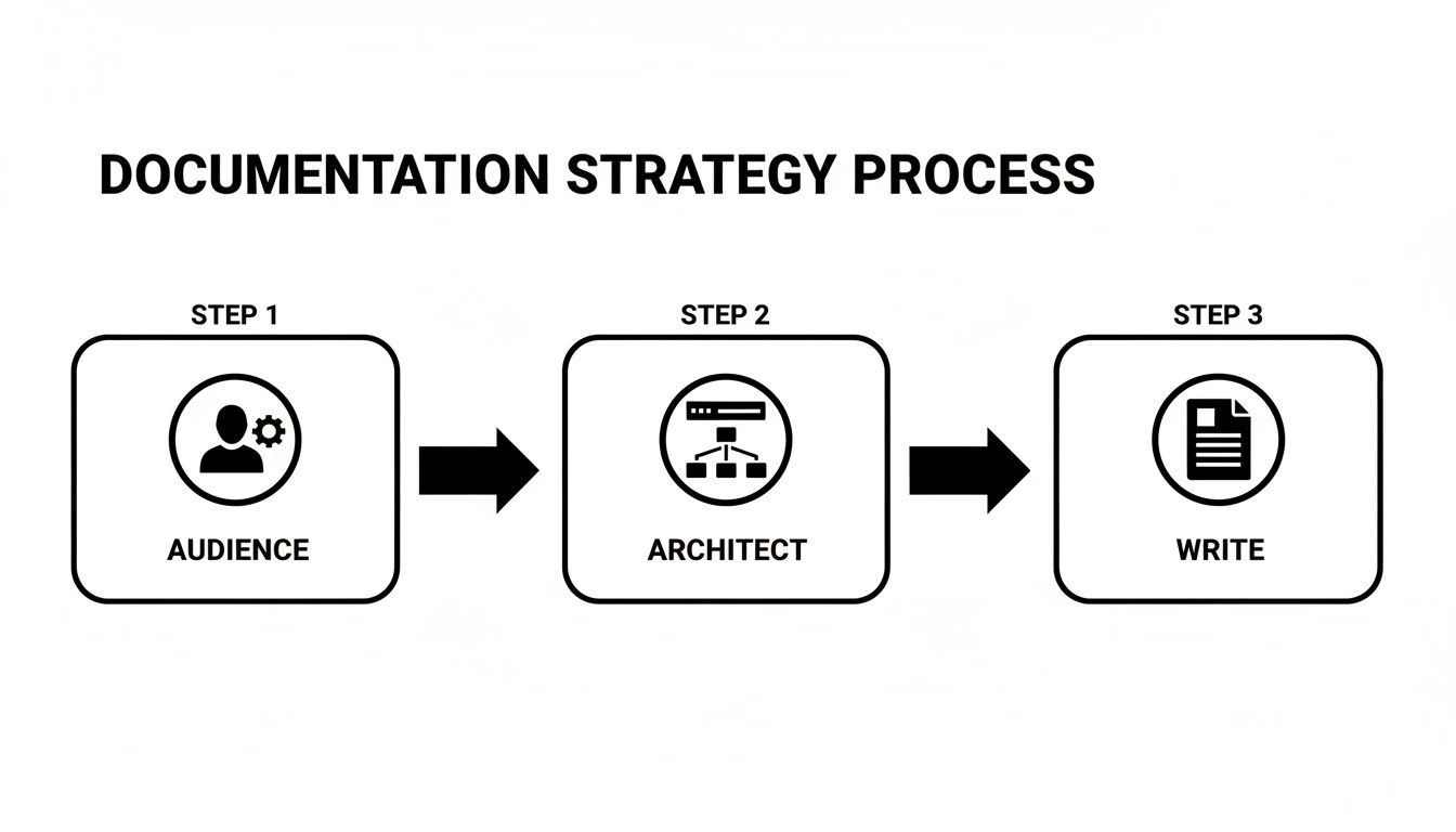 Flowchart illustrating the three-step documentation strategy process: audience, architect, and write.