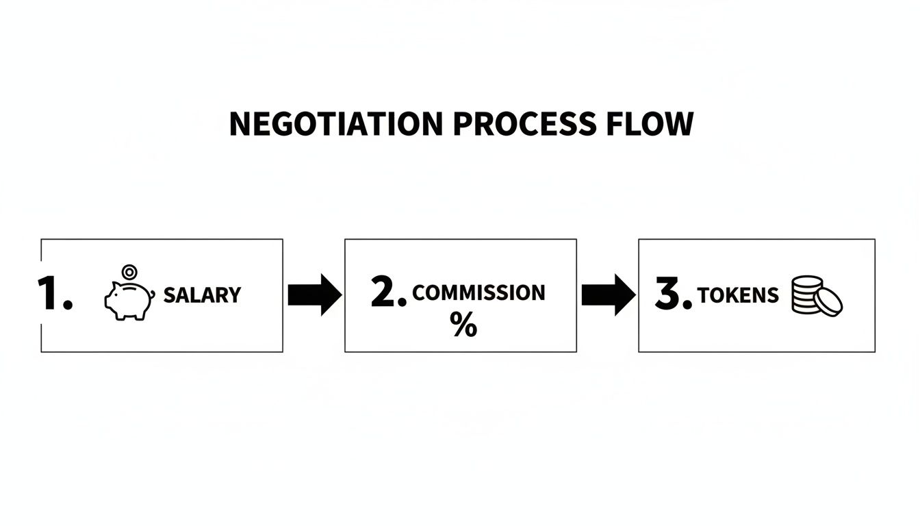 A clear flow diagram illustrating the negotiation process: Salary, Commission percentage, and Tokens.