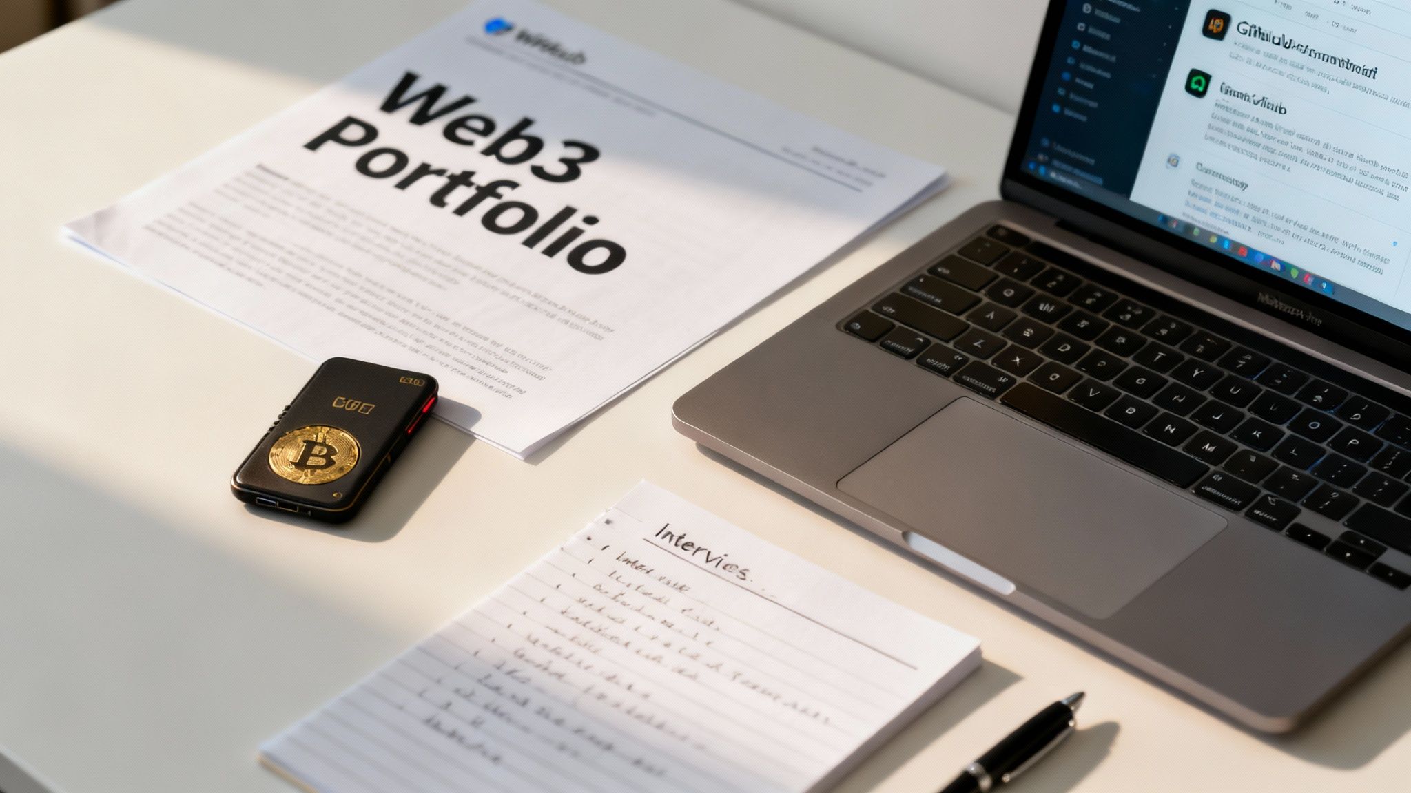 A Web3 portfolio document, laptop, Bitcoin hardware wallet, and notebook on a bright desk.