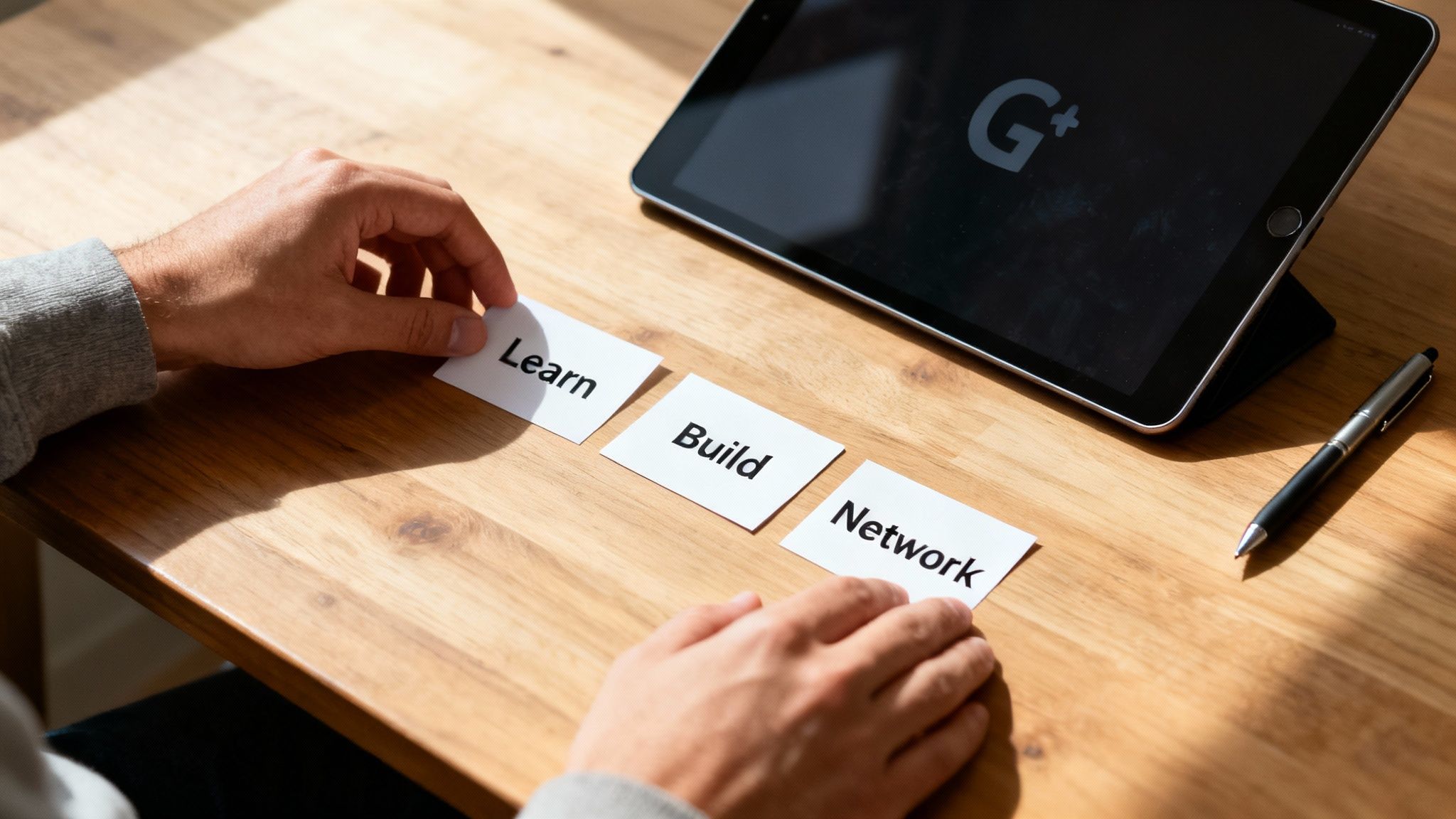 Hands arranging cards with 'Learn, Build, Network' on a wooden table with a tablet and pen.