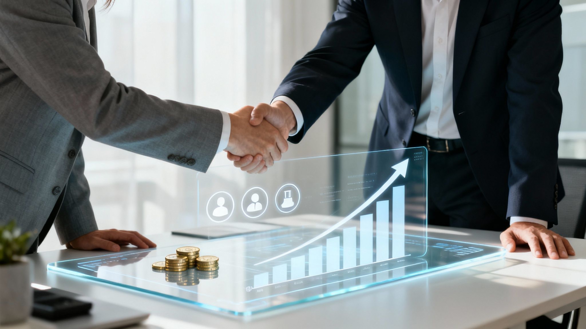 Two businessmen shaking hands above a holographic chart displaying market growth and coins.