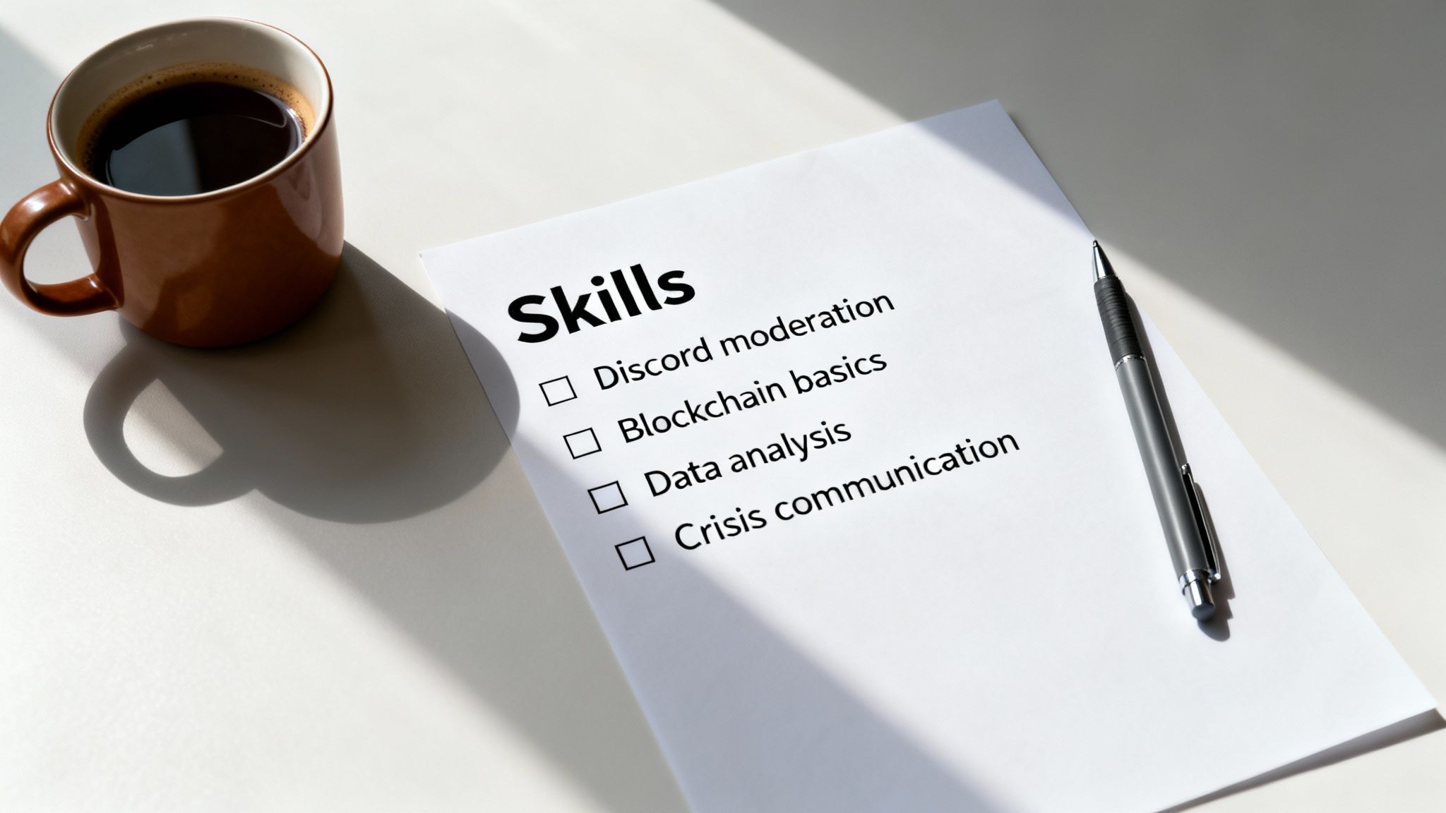 A checklist titled 'Skills' with options like Discord moderation and data analysis, a coffee mug, and a pen.