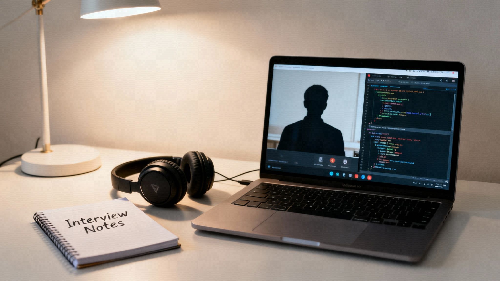 A laptop on a desk showing a video interview and code, with headphones and interview notes.