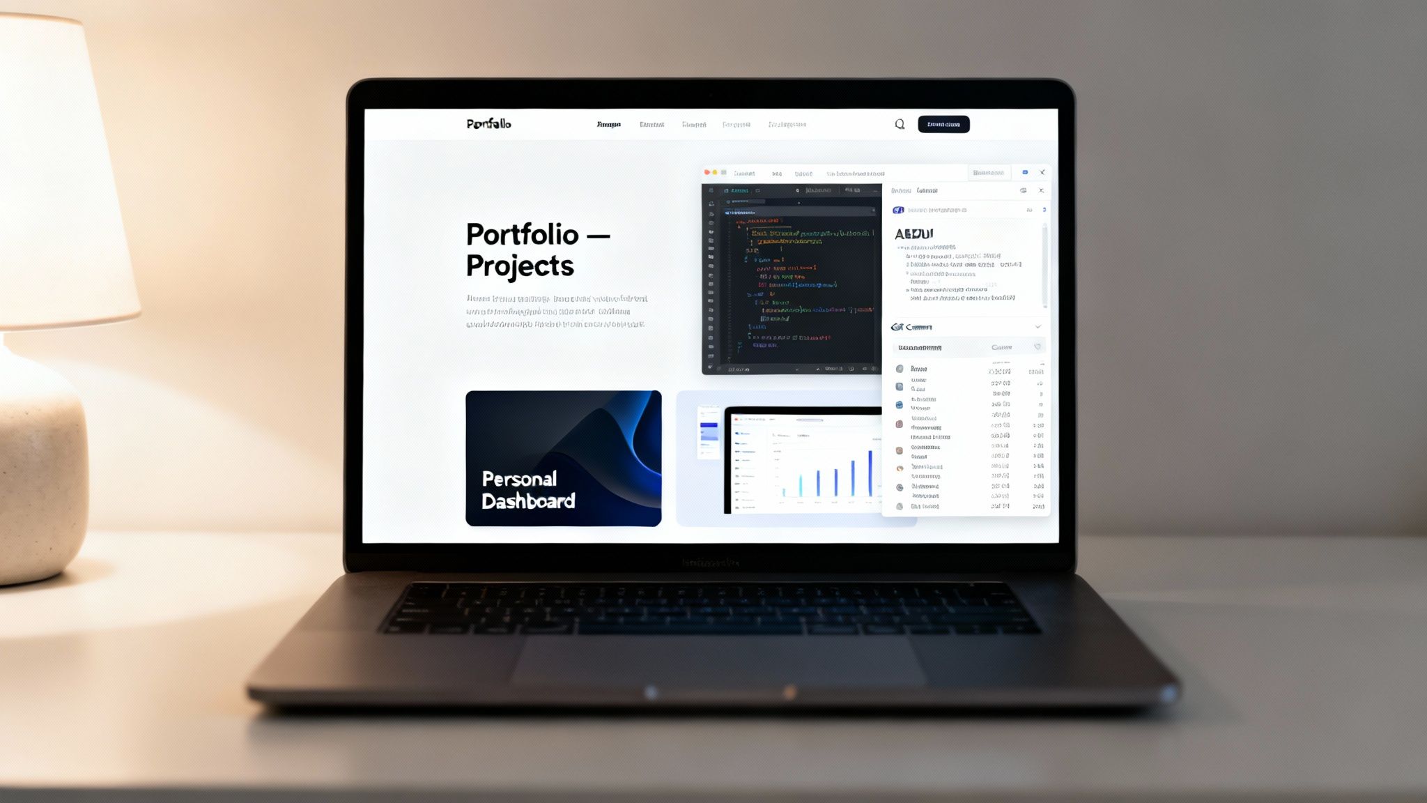 A MacBook Pro displays a web developer's portfolio with code editor, charts, and project details.