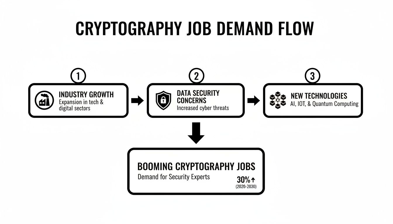 Flowchart illustrating industry growth, data security, and new technologies driving cryptography job demand up 30% by 2030.