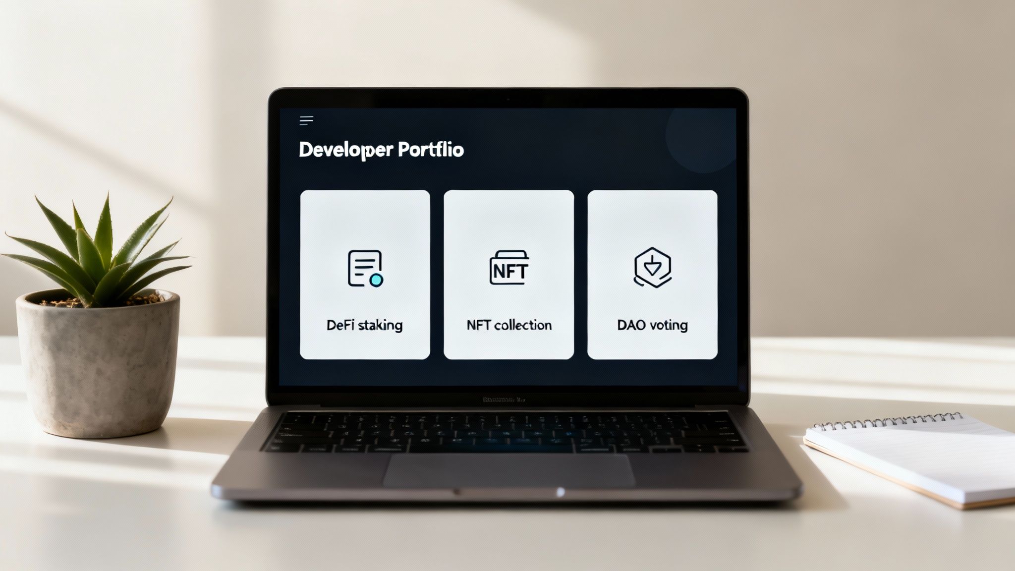 A laptop displaying a developer portfolio website with DeFi, NFT, and DAO project options.