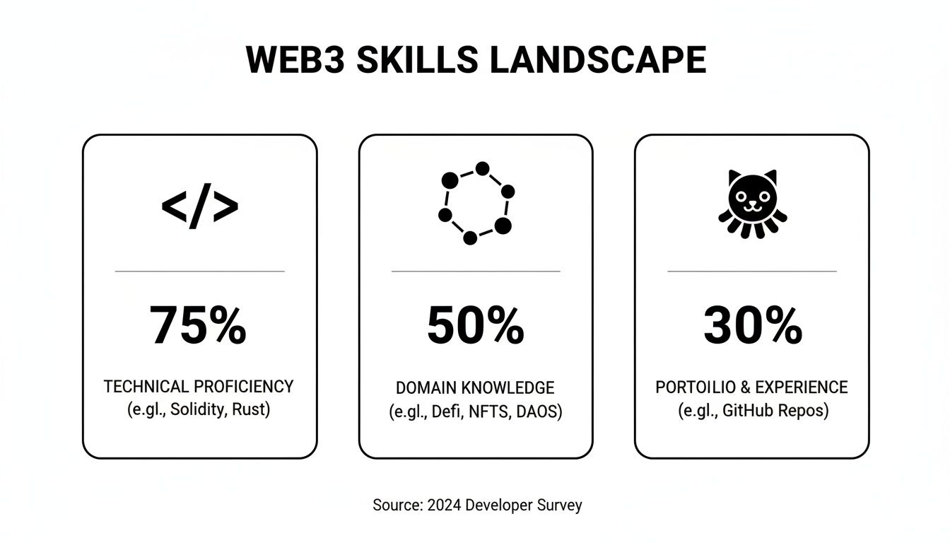 Web3 skills landscape with technical proficiency (75%), domain knowledge (50%), and portfolio (30%).