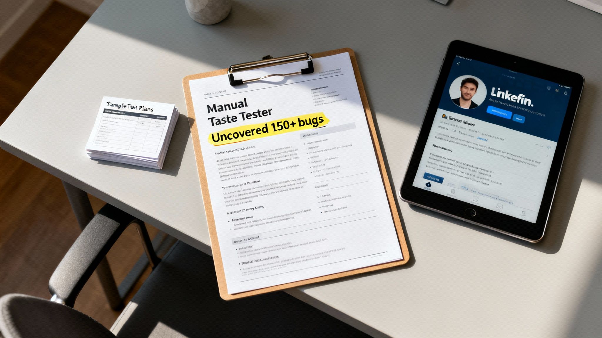 A desk with a clipboard displaying a QA tester resume, sample test plans, and a Linkefin profile on a tablet.