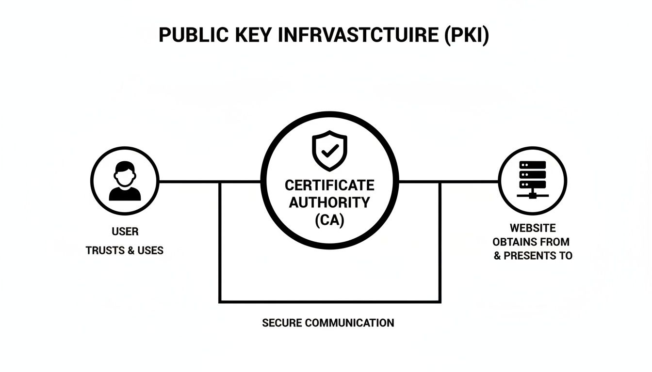 A diagram illustrating Public Key Infrastructure (PKI) showing user, certificate authority, and website secure communication.