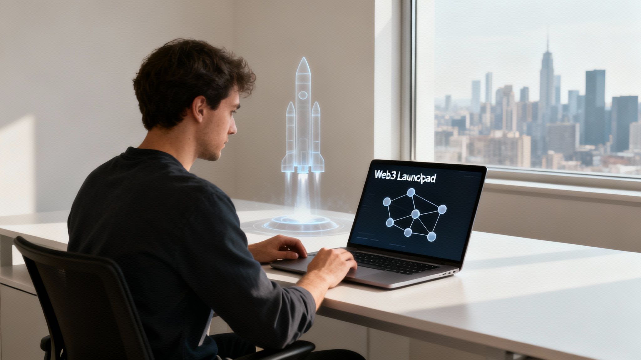Young man using a laptop displaying 'Web3 Launchpad' and a network, with a glowing rocket projection.