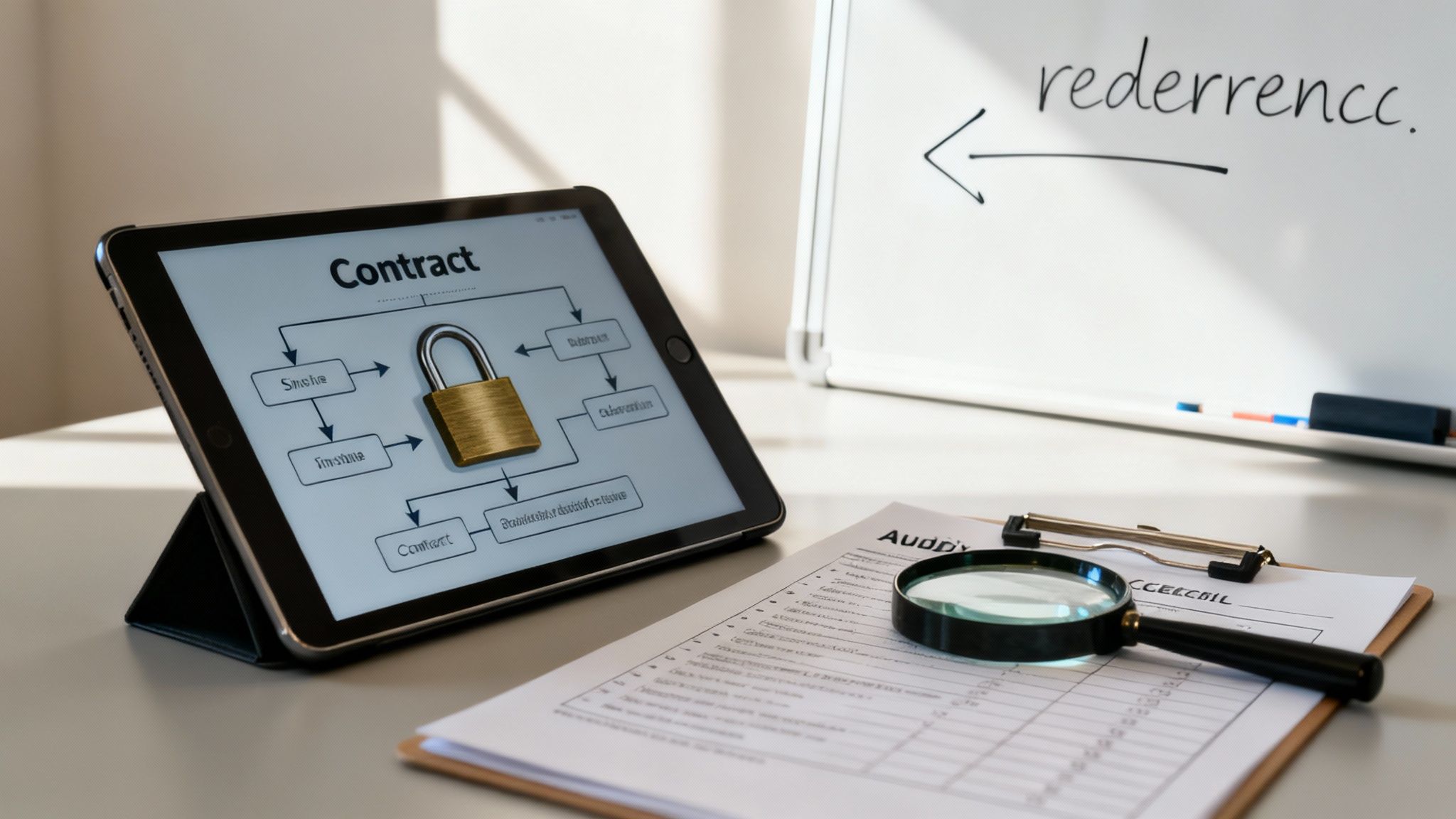 A tablet displays a contract security diagram with a padlock, next to an audit document and whiteboard.