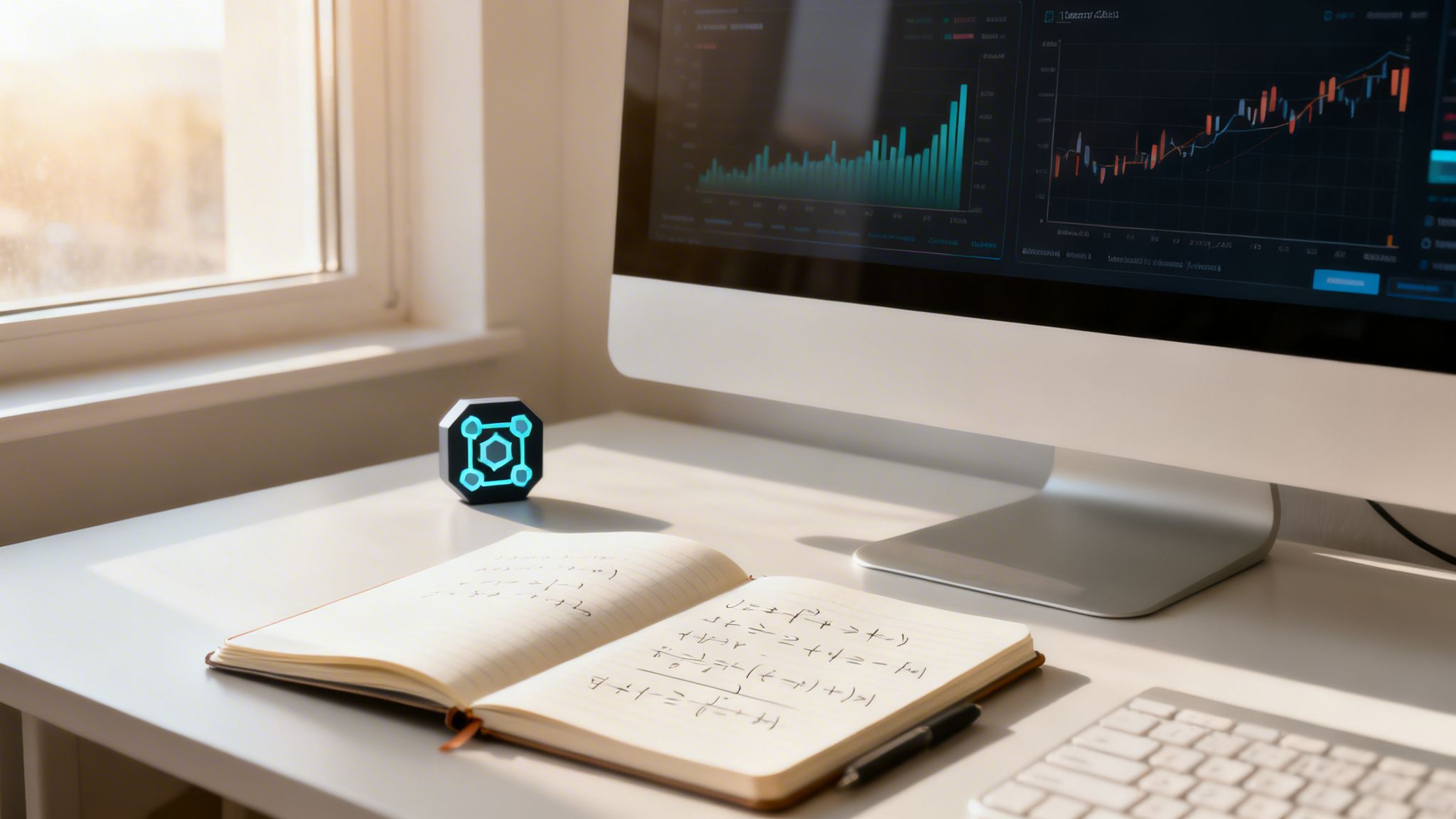 A modern home office desk with a computer displaying financial charts, a notebook with equations, and a glowing geometric device.