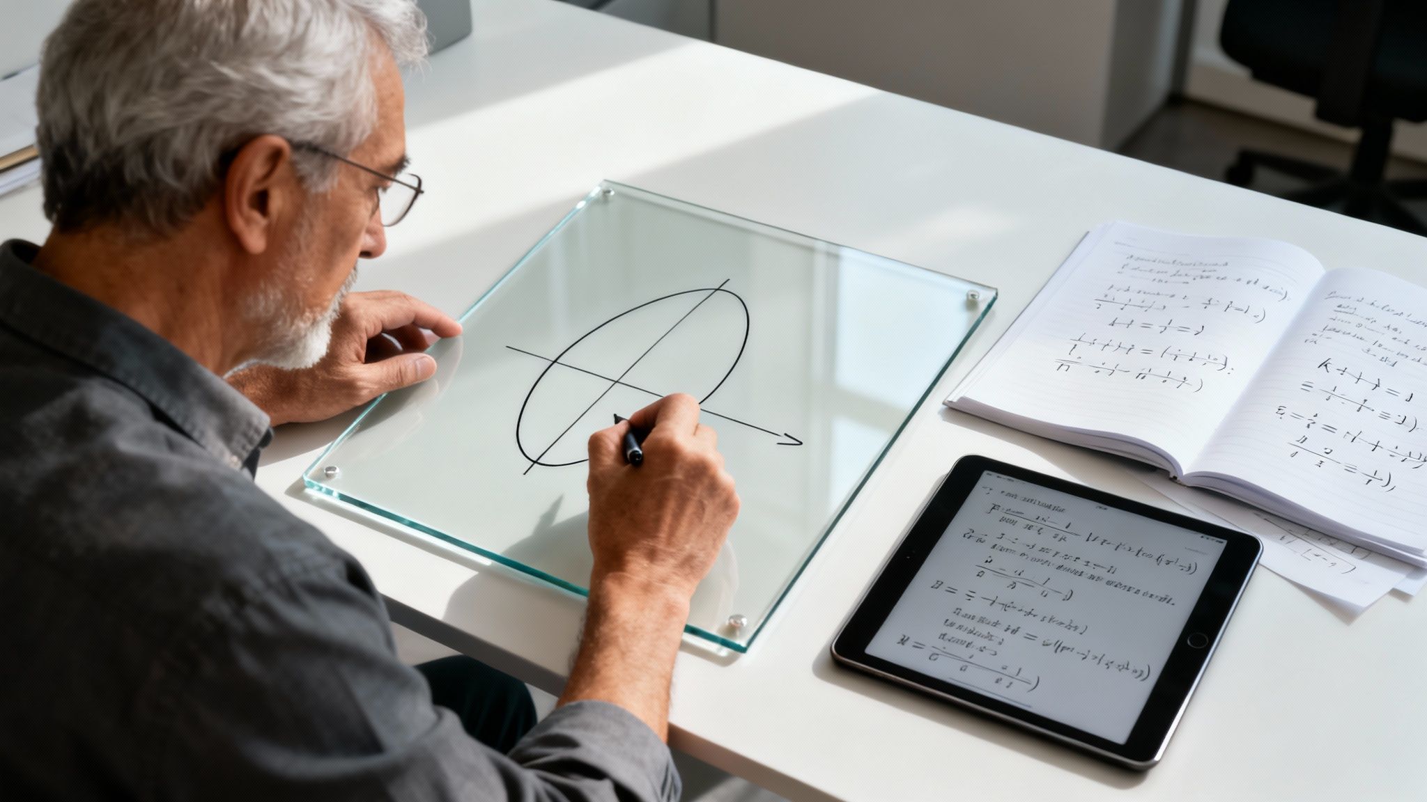 An older man drawing a mathematical diagram of an ellipse on a glass board at a desk.