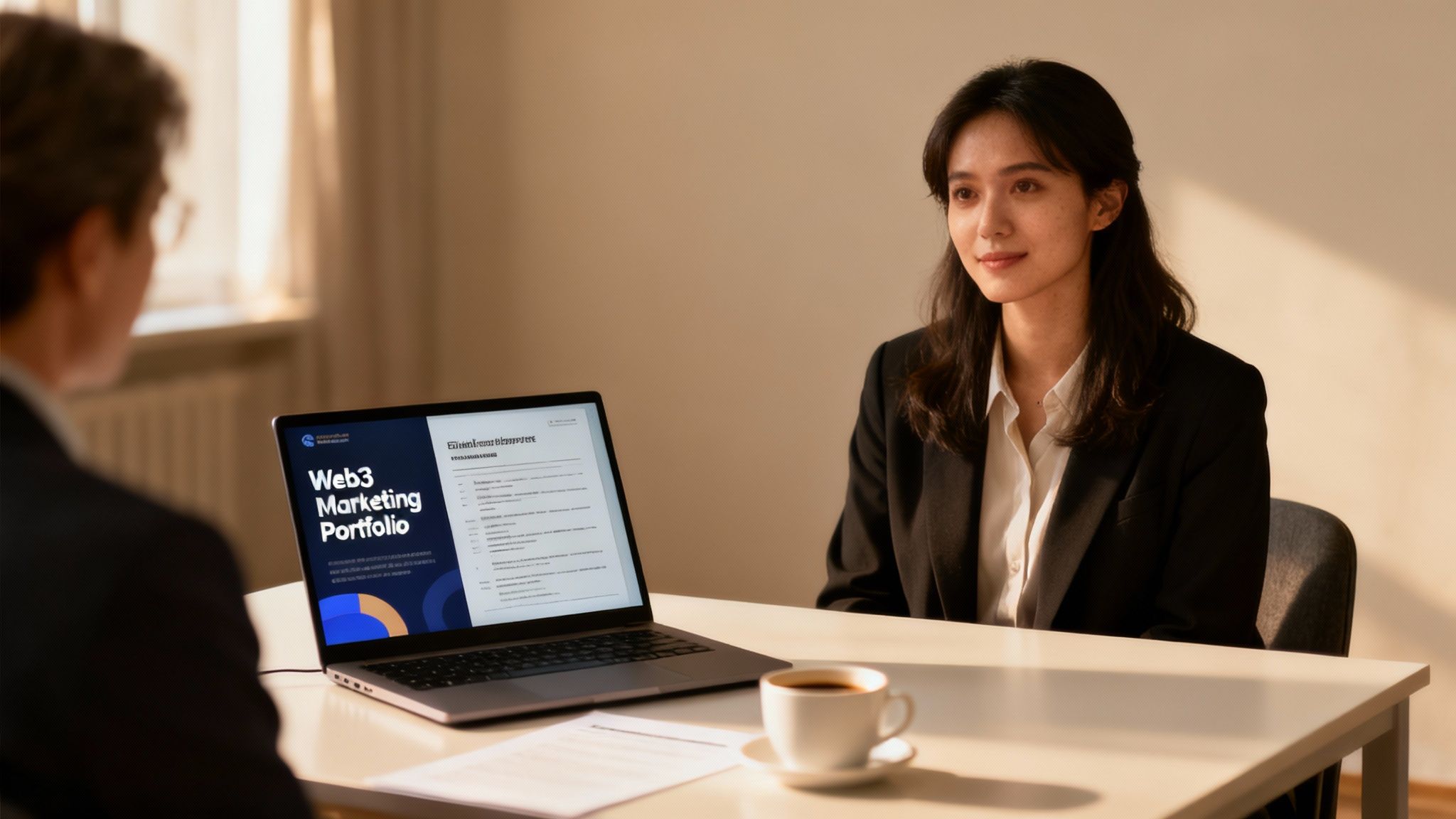 A person sitting at a desk during a virtual job interview for a crypto marketing role, looking confident and prepared.