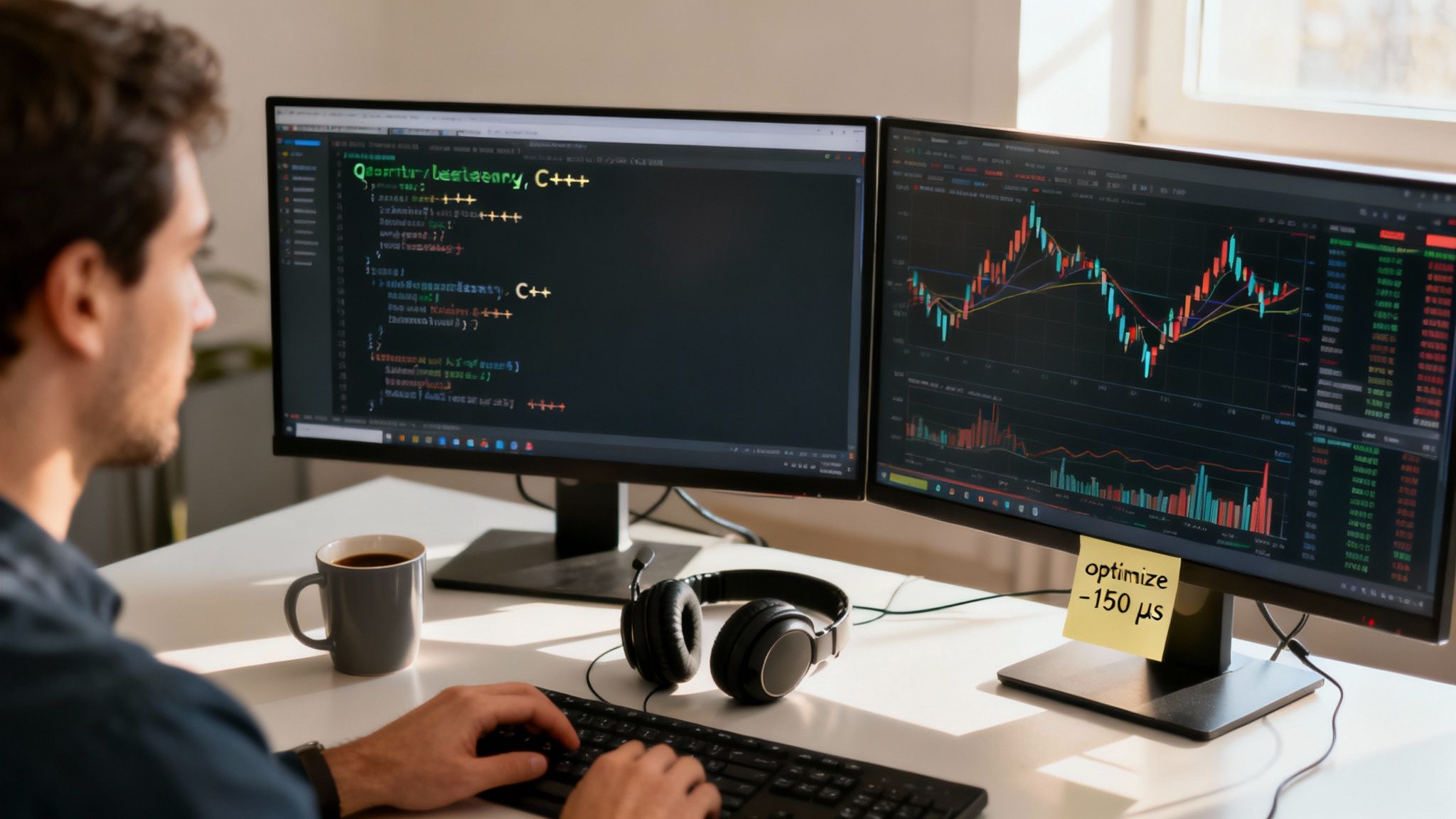 Quantitative developer analyzing trading algorithms and financial charts on dual monitor workstation setup