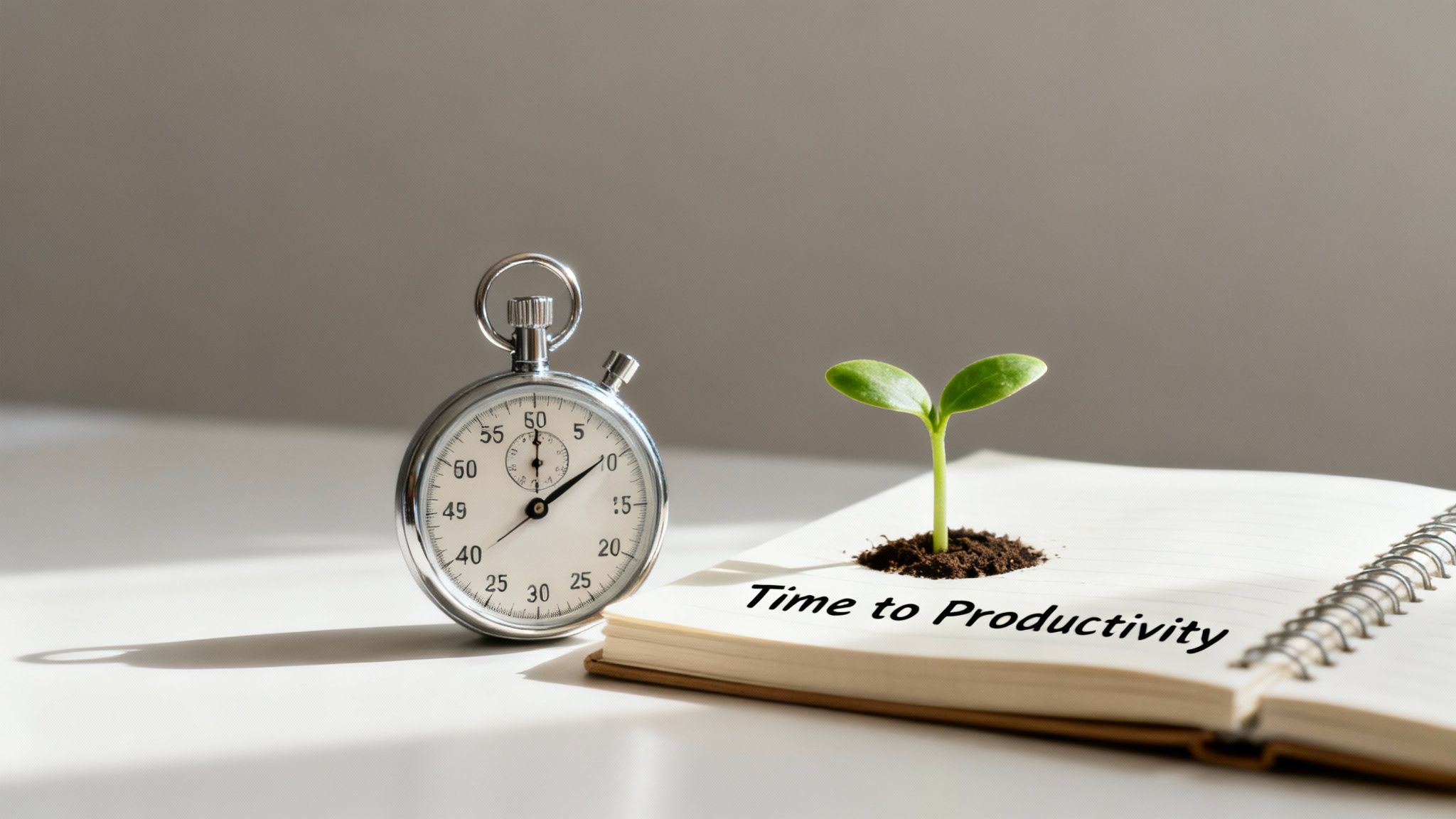 Stopwatch next to seedling plant and productivity notebook representing time management and growth tracking