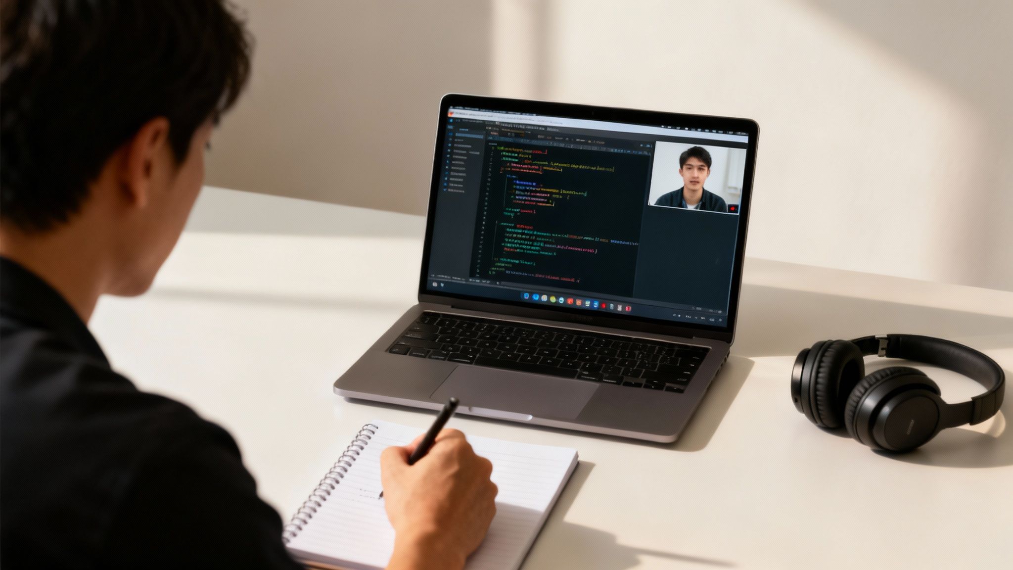 A person codes on a laptop with a video call open, takes notes, and has headphones nearby.