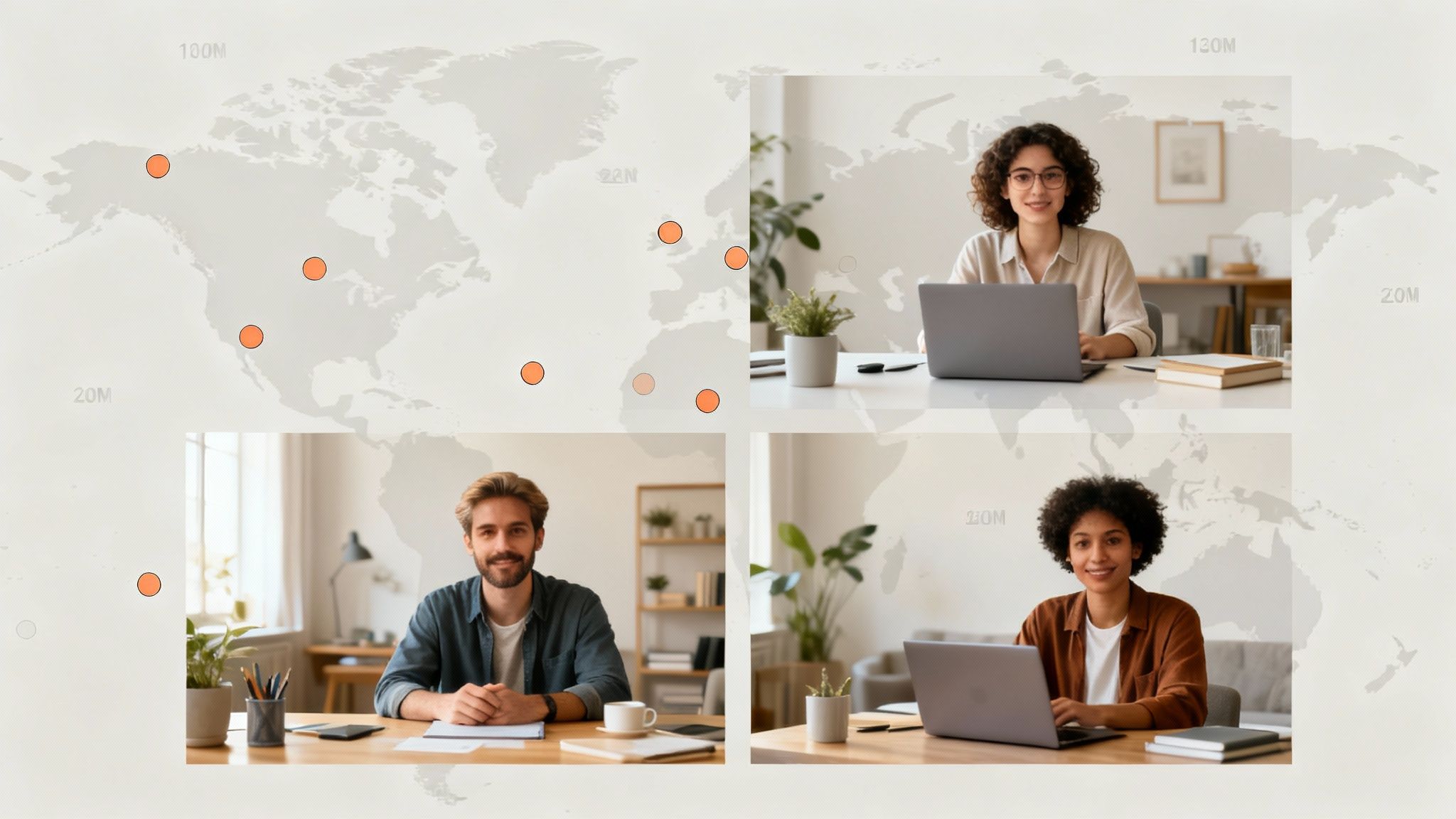 Four diverse professionals smiling and working on laptops, overlaid on a world map with global connection points.