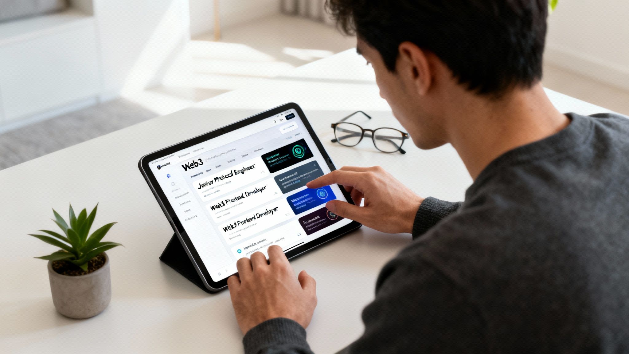 A man searches for Web3 job listings on a tablet, displaying various developer roles.