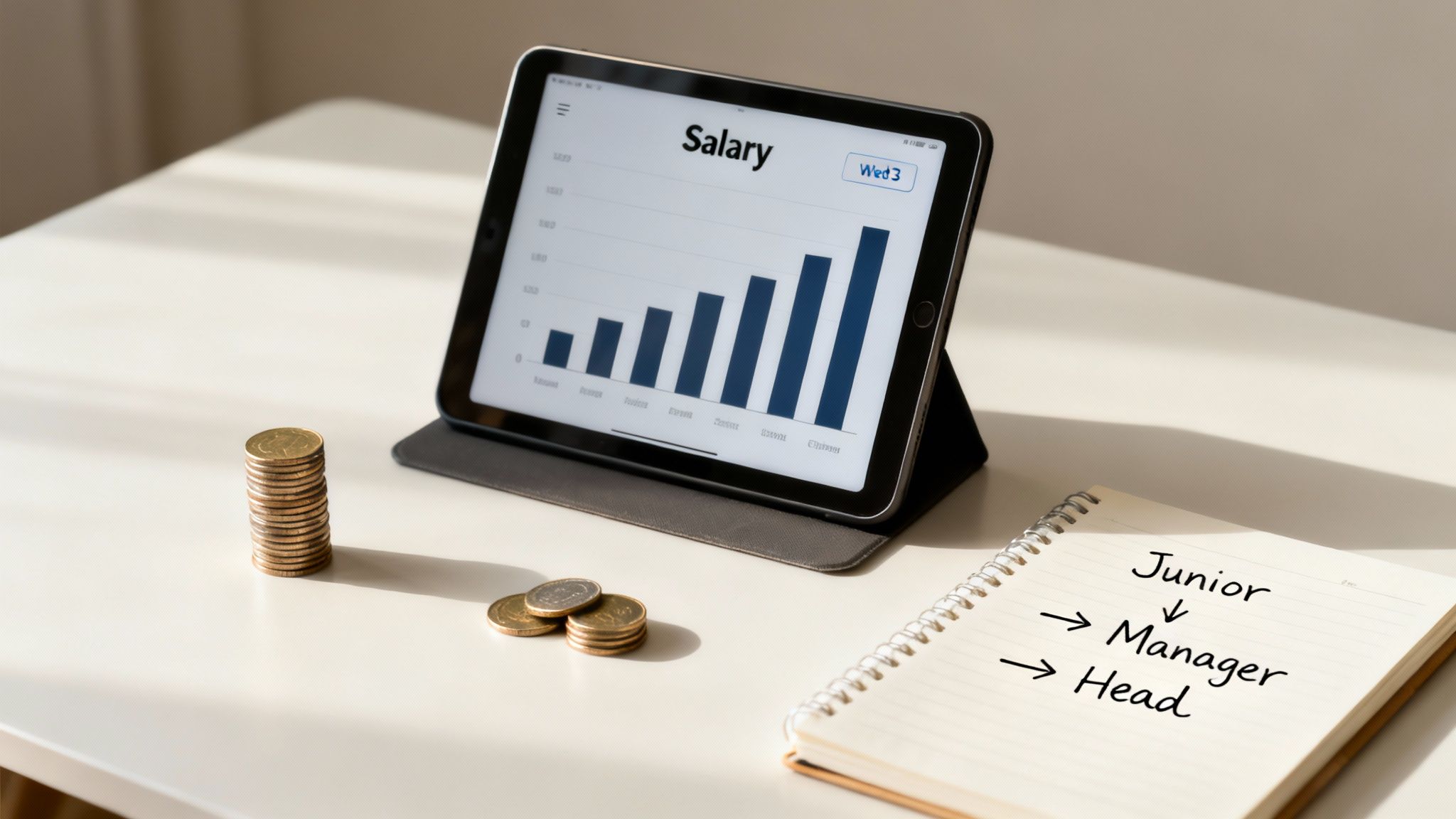 A tablet displays a salary bar chart next to stacked coins and a notebook detailing career progression from junior to head.