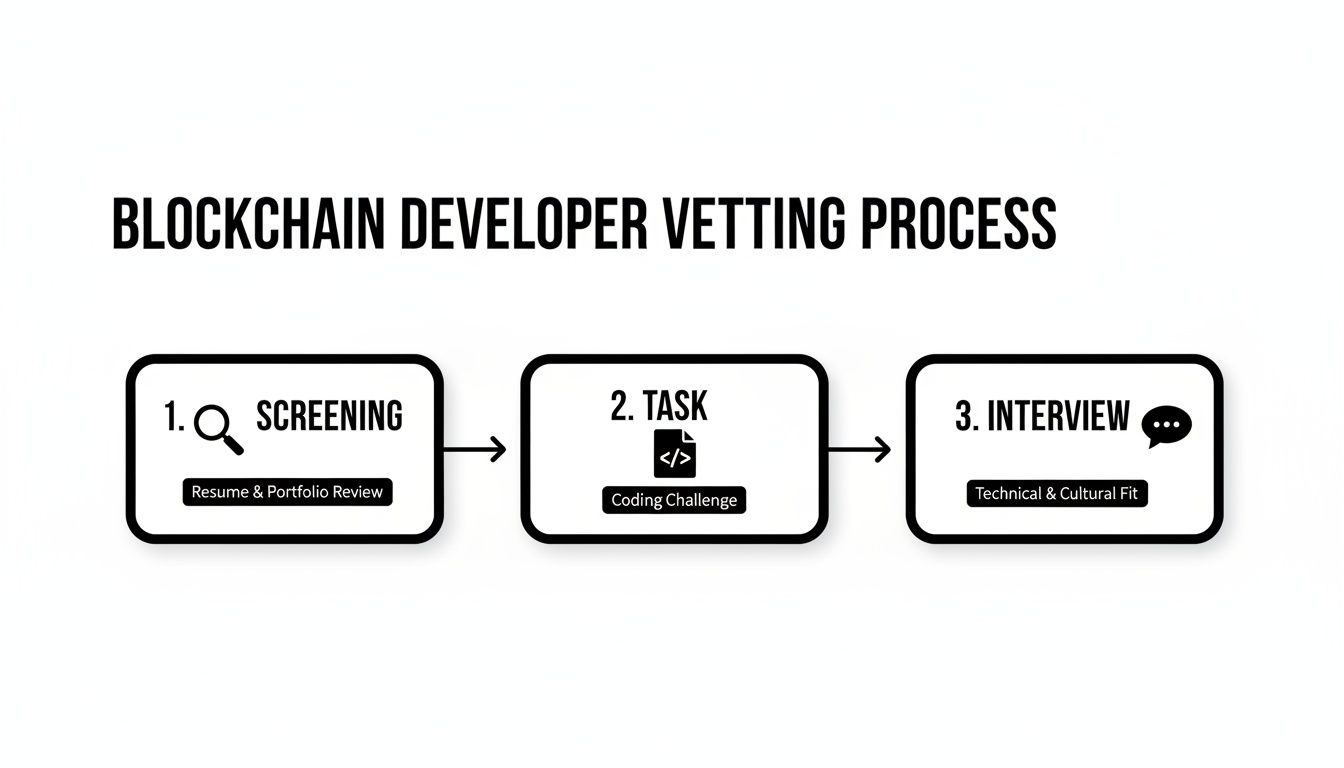 Diagram illustrating the blockchain developer vetting process, including screening, tasks, and interviews.