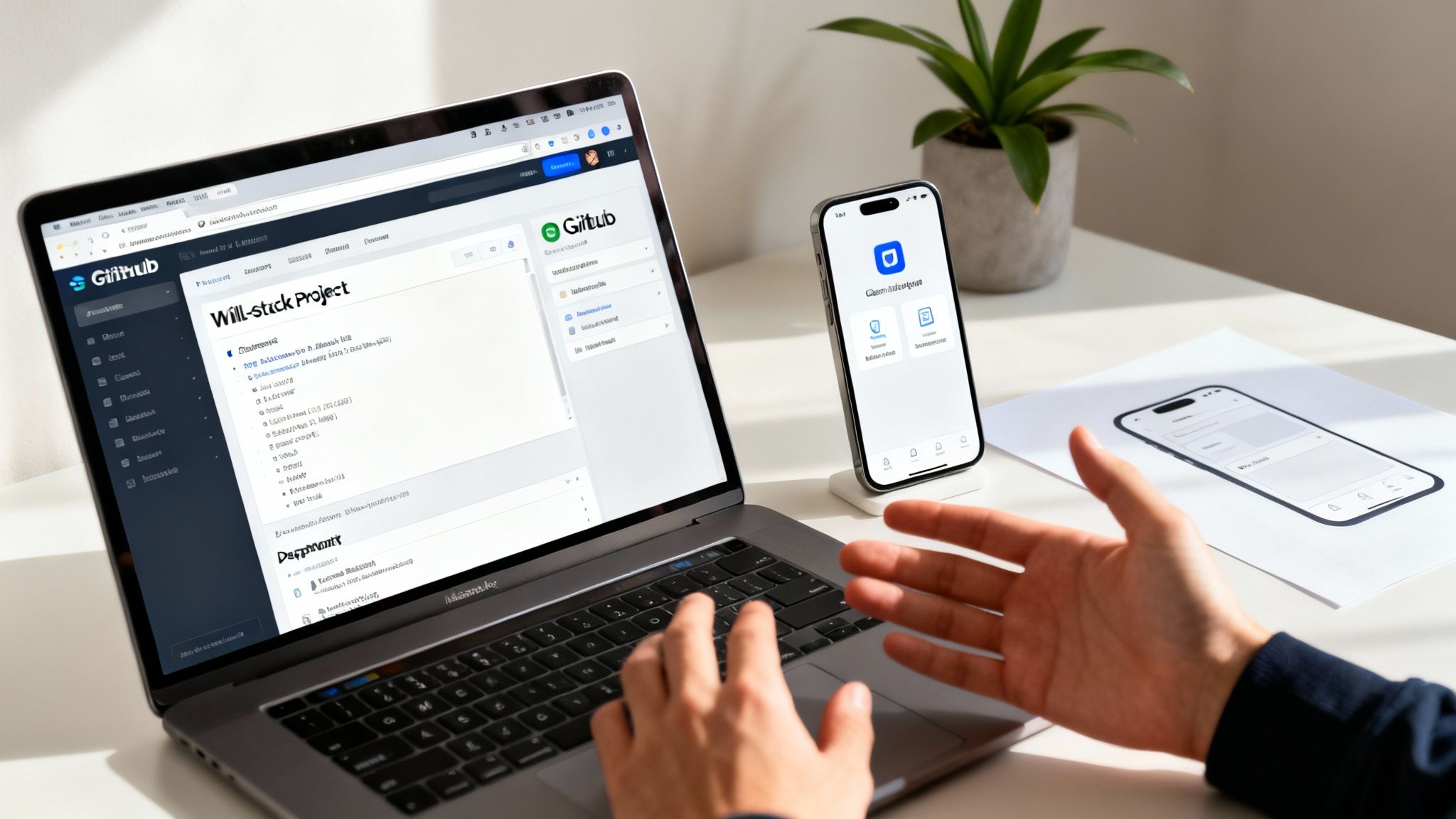 Person's hands on a laptop displaying GitHub, with a smartphone nearby, in a coding workspace.