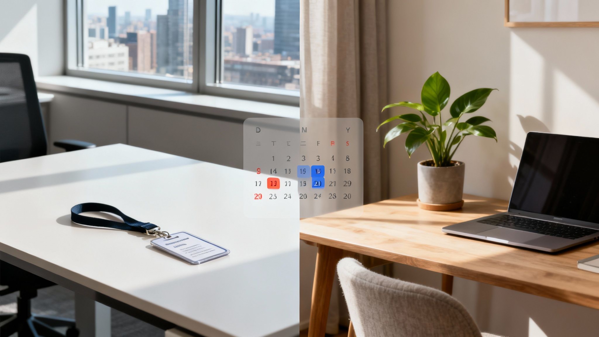 Modern office workspace with floating calendar display, ID badge, laptop, and city view