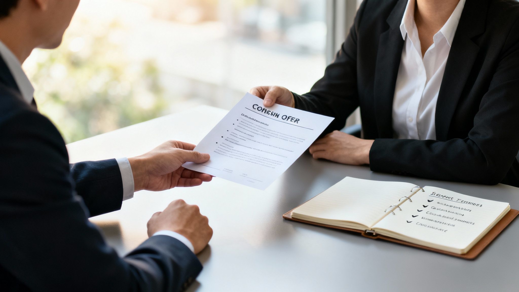 Two business professionals exchange a document titled 'CONSSIN OFER' during a meeting, with a checklist notebook on the table.