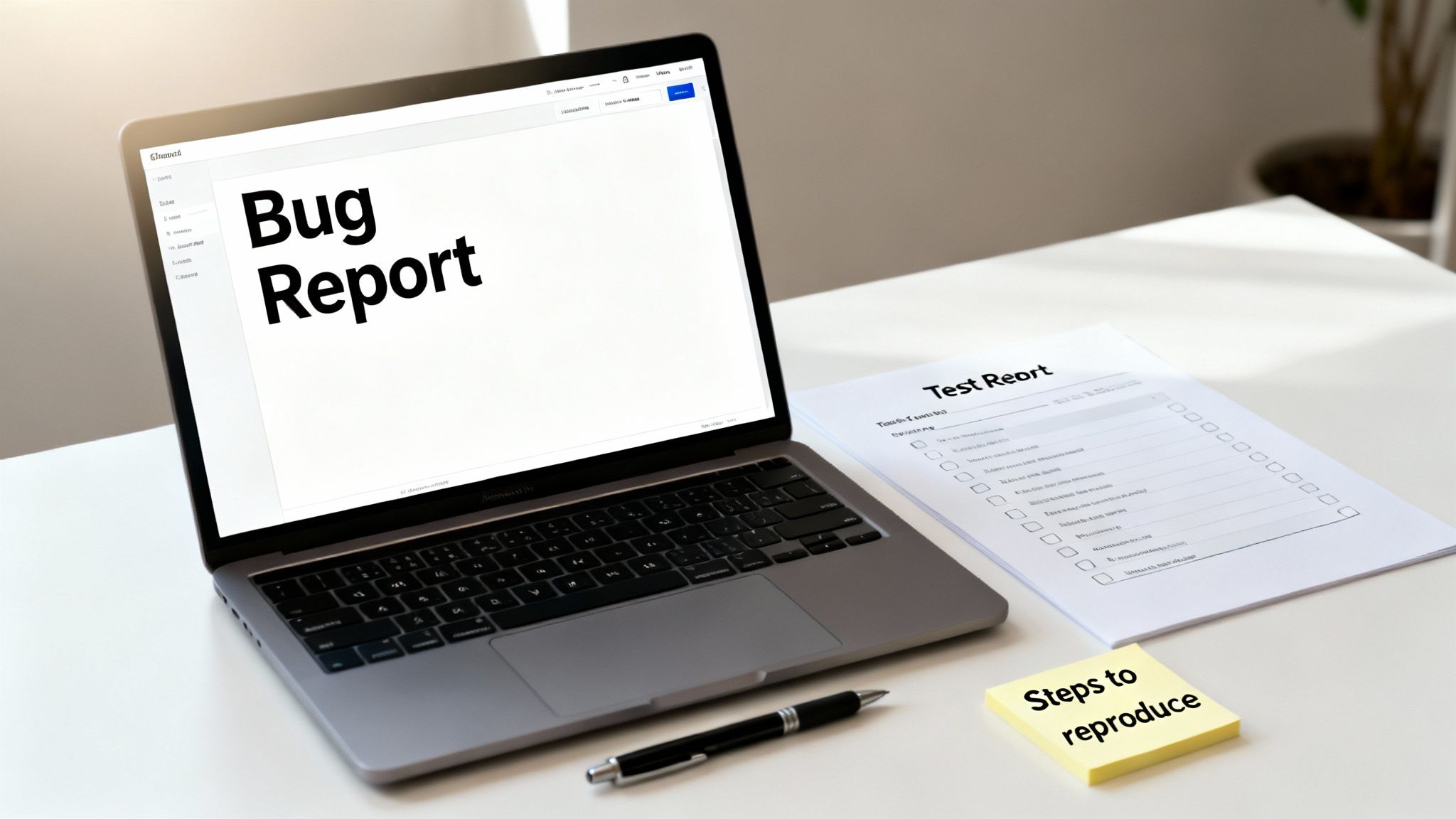 A laptop showing a 'Bug Report' document next to a 'Test Report' and a 'Steps to reproduce' sticky note, highlighting software quality assurance.