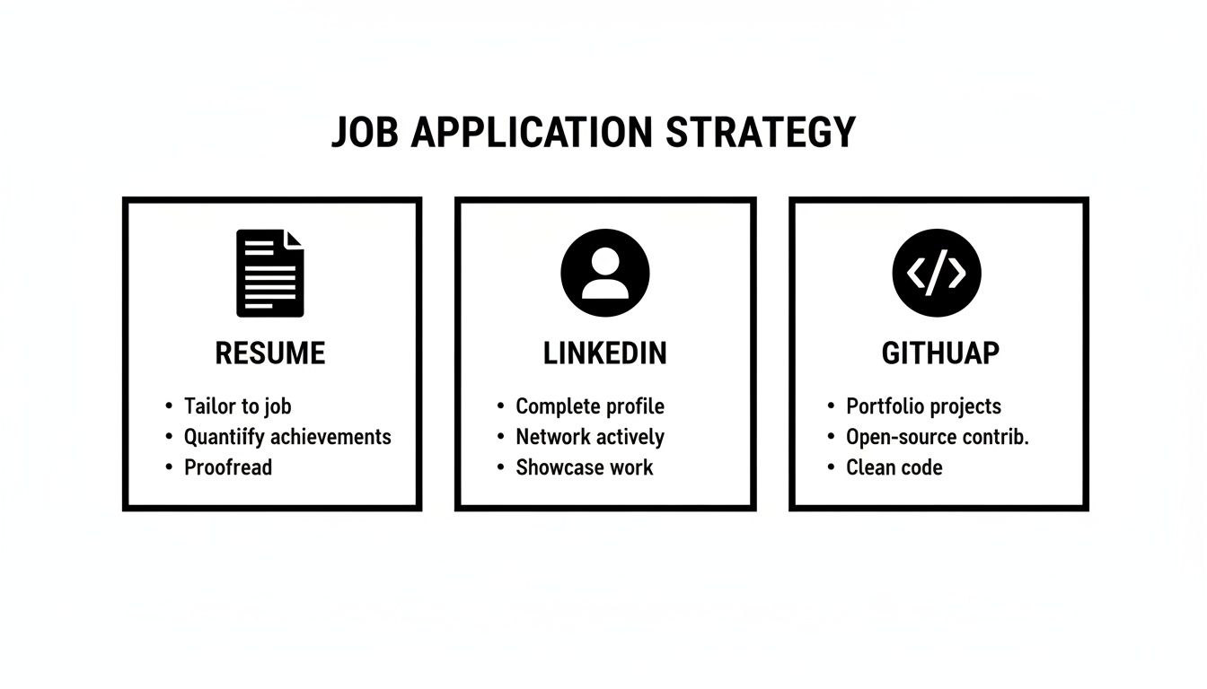 An infographic illustrating a job application strategy with advice for resume, LinkedIn, and GitHub profiles.