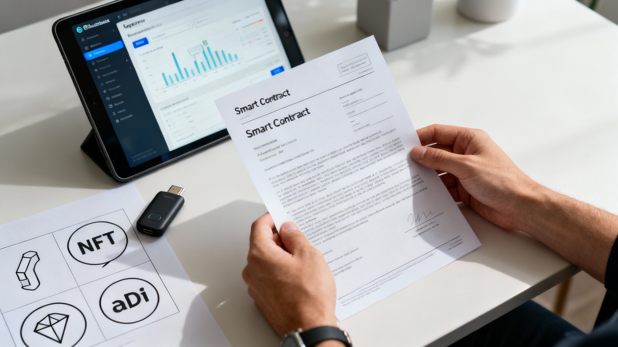 Person reviewing a smart contract document, with a tablet displaying charts and blockchain-related items on the desk.
