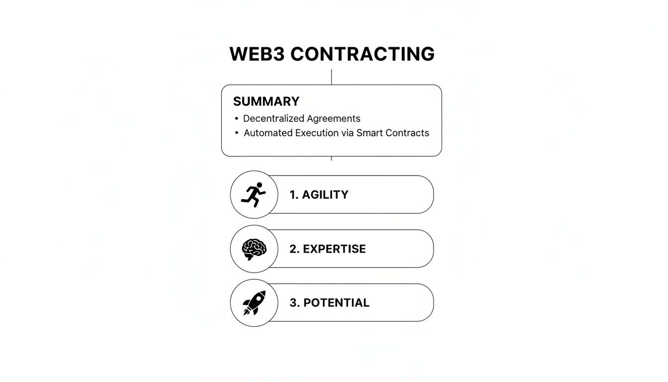 A diagram explaining Web3 contracting, outlining its summary and three key benefits: agility, expertise, and potential.