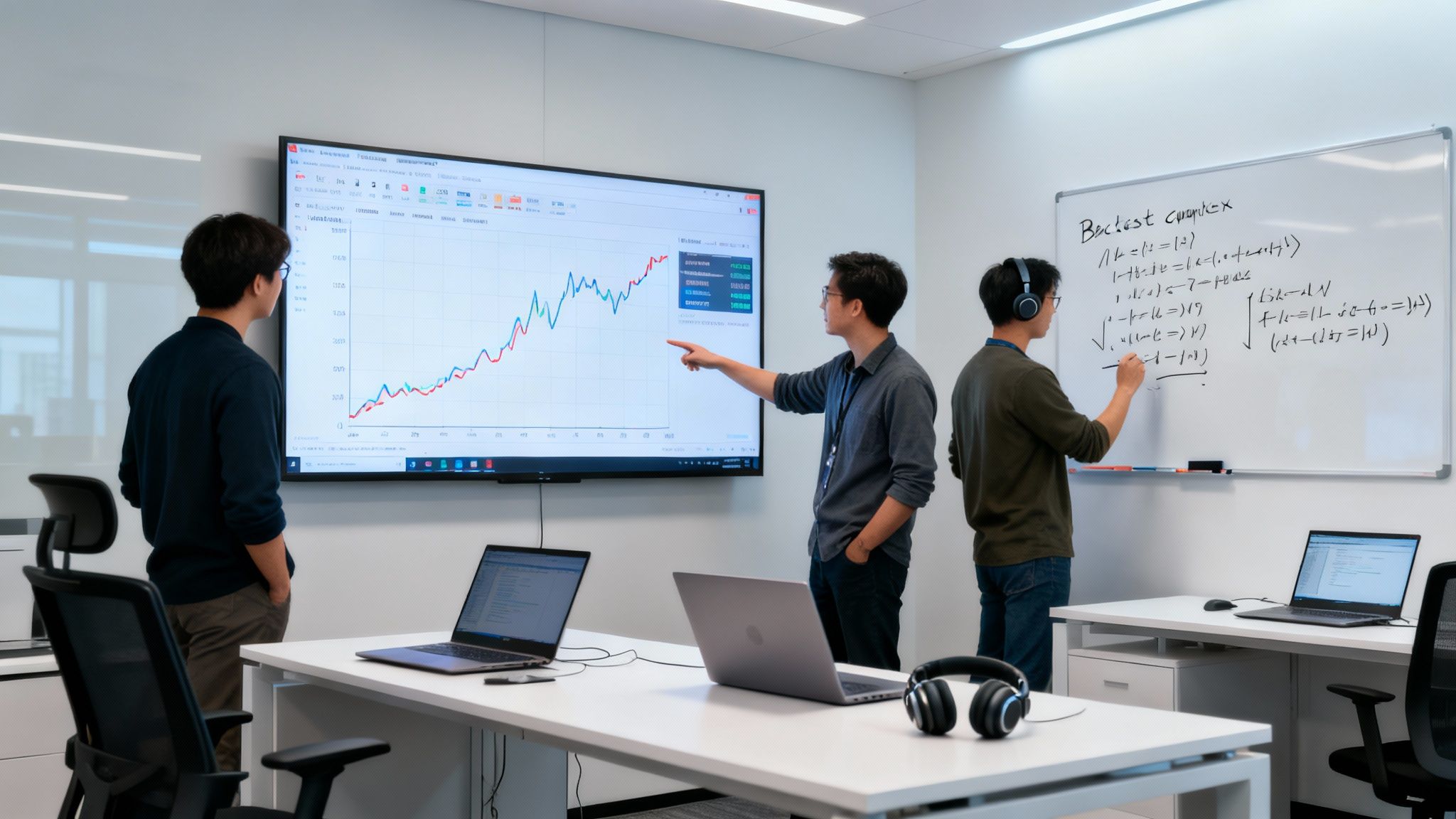 Three quantitative developers collaborate in an office, discussing data visualizations and writing complex equations.