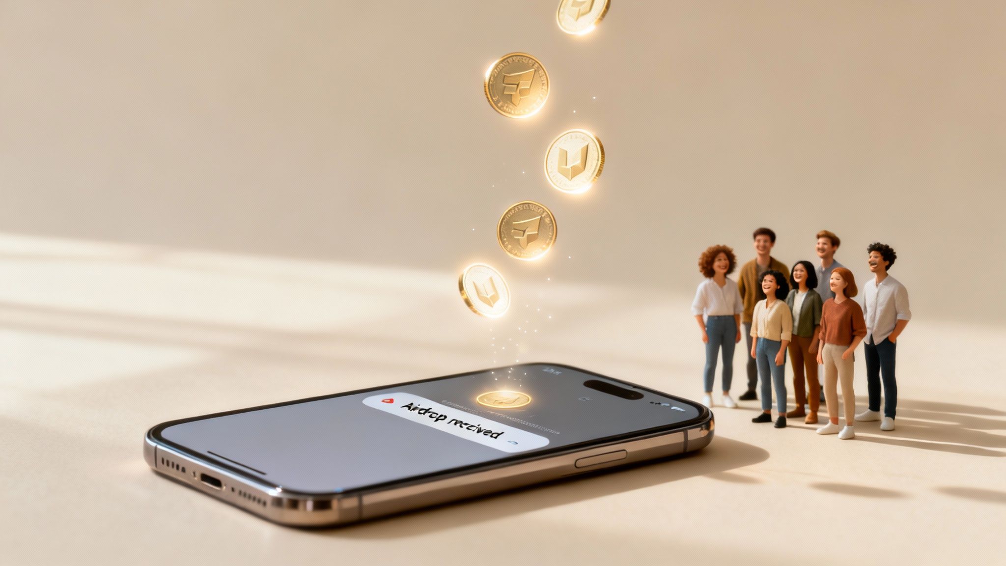 Diverse group of people watching golden cryptocurrency coins falling into a smartphone with an airdrop notification.
